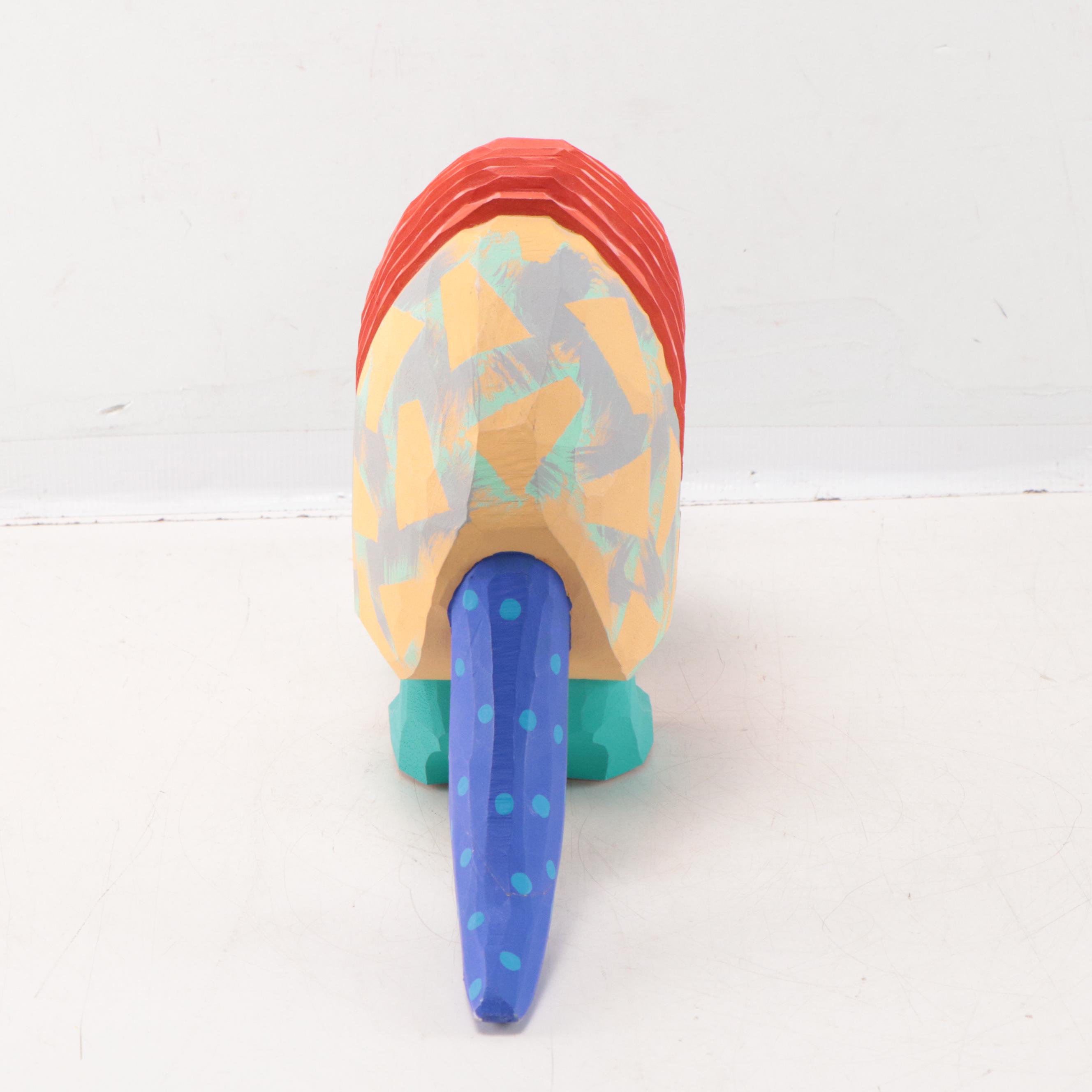 Mexican Style Folk Art Hand-Painted Carved Wood Sculpture of Armadillo