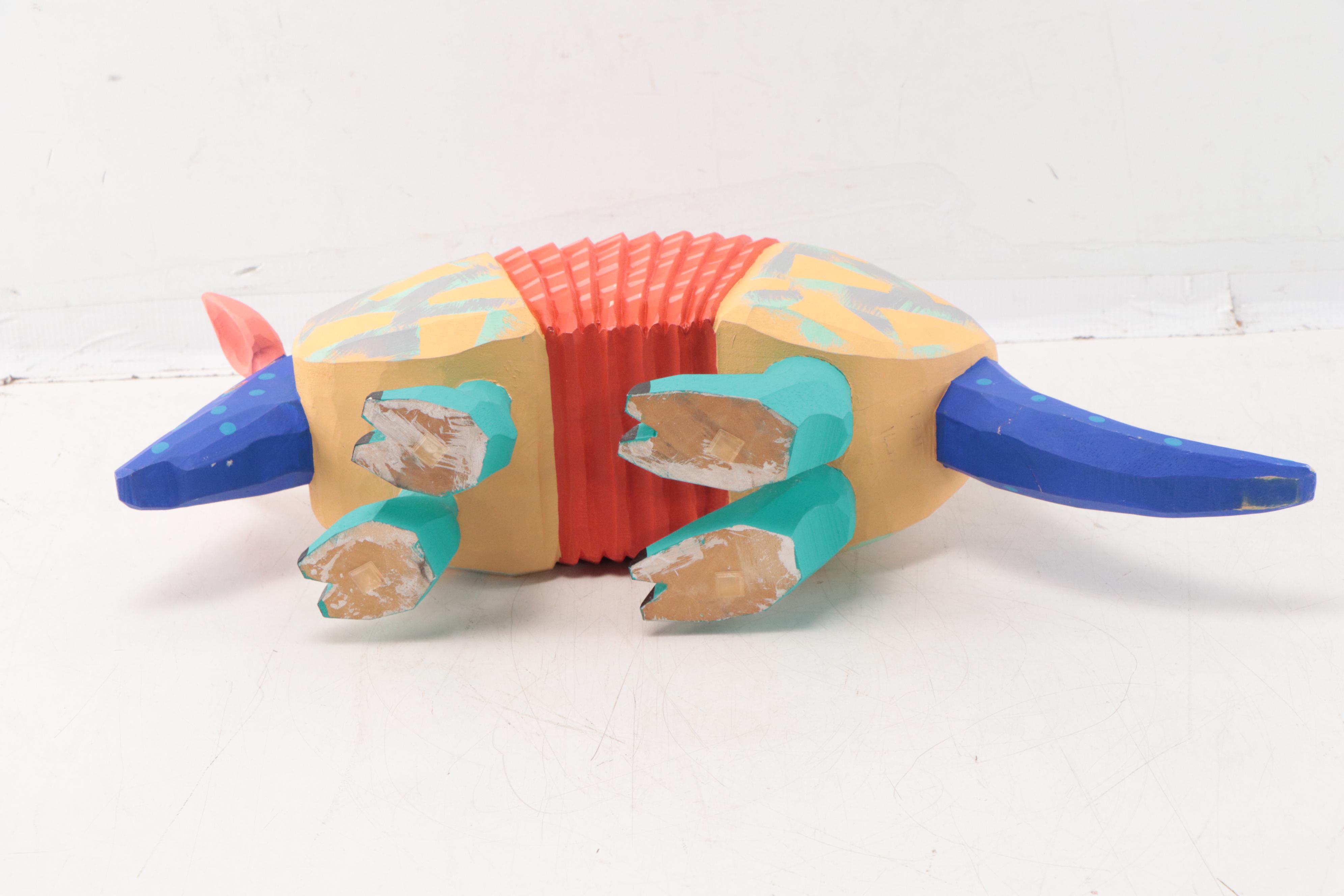 Mexican Style Folk Art Hand-Painted Carved Wood Sculpture of Armadillo