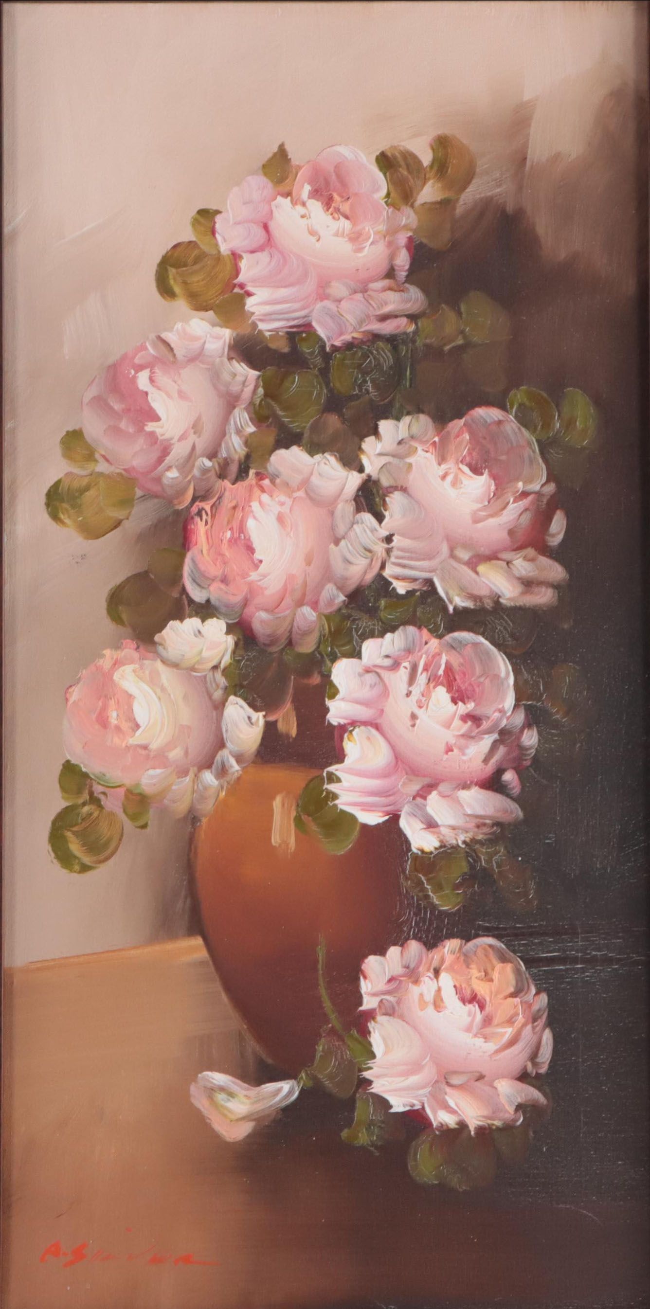A. Silver Floral Still Life Acrylic Painting, Late 20th Century
