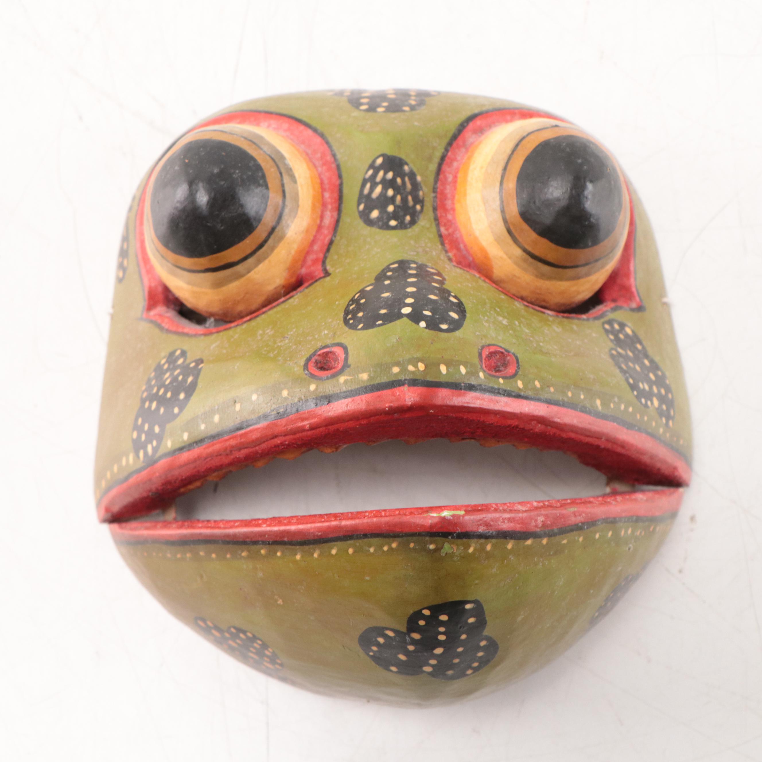 Balinese Polychrome Carved Wood Frog Mask