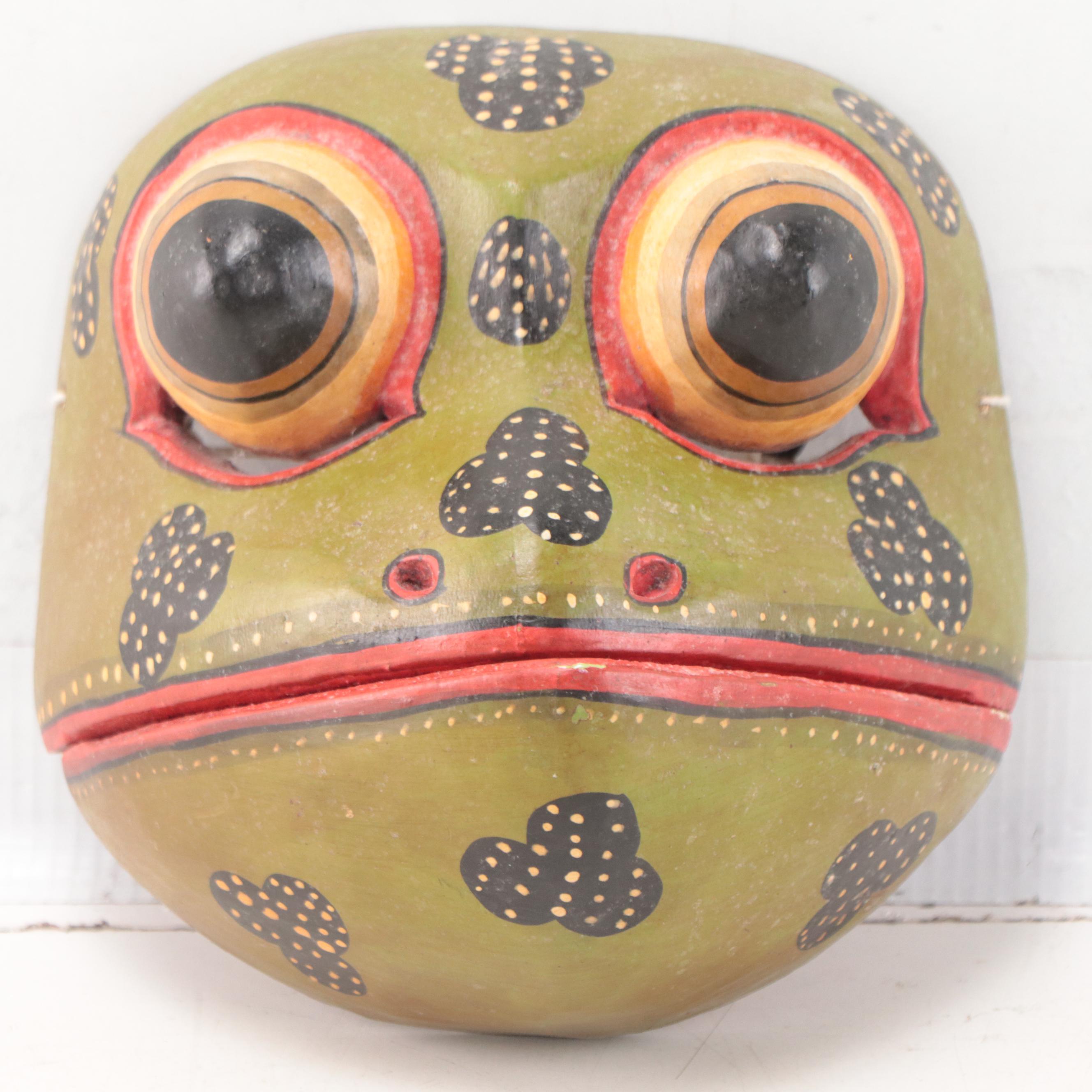 Balinese Polychrome Carved Wood Frog Mask