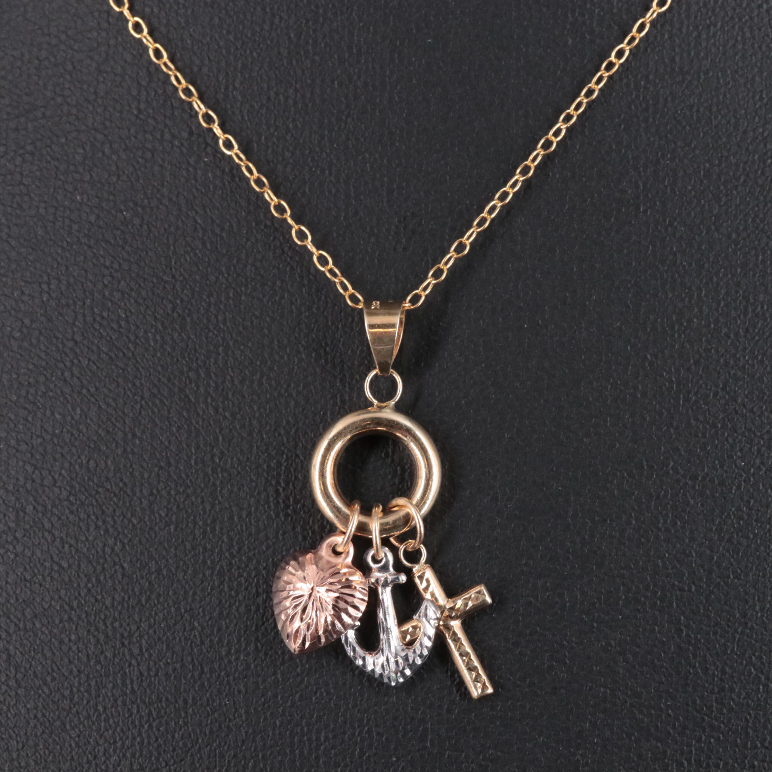 14K Curb Chain Cross Anchor Heart Necklace