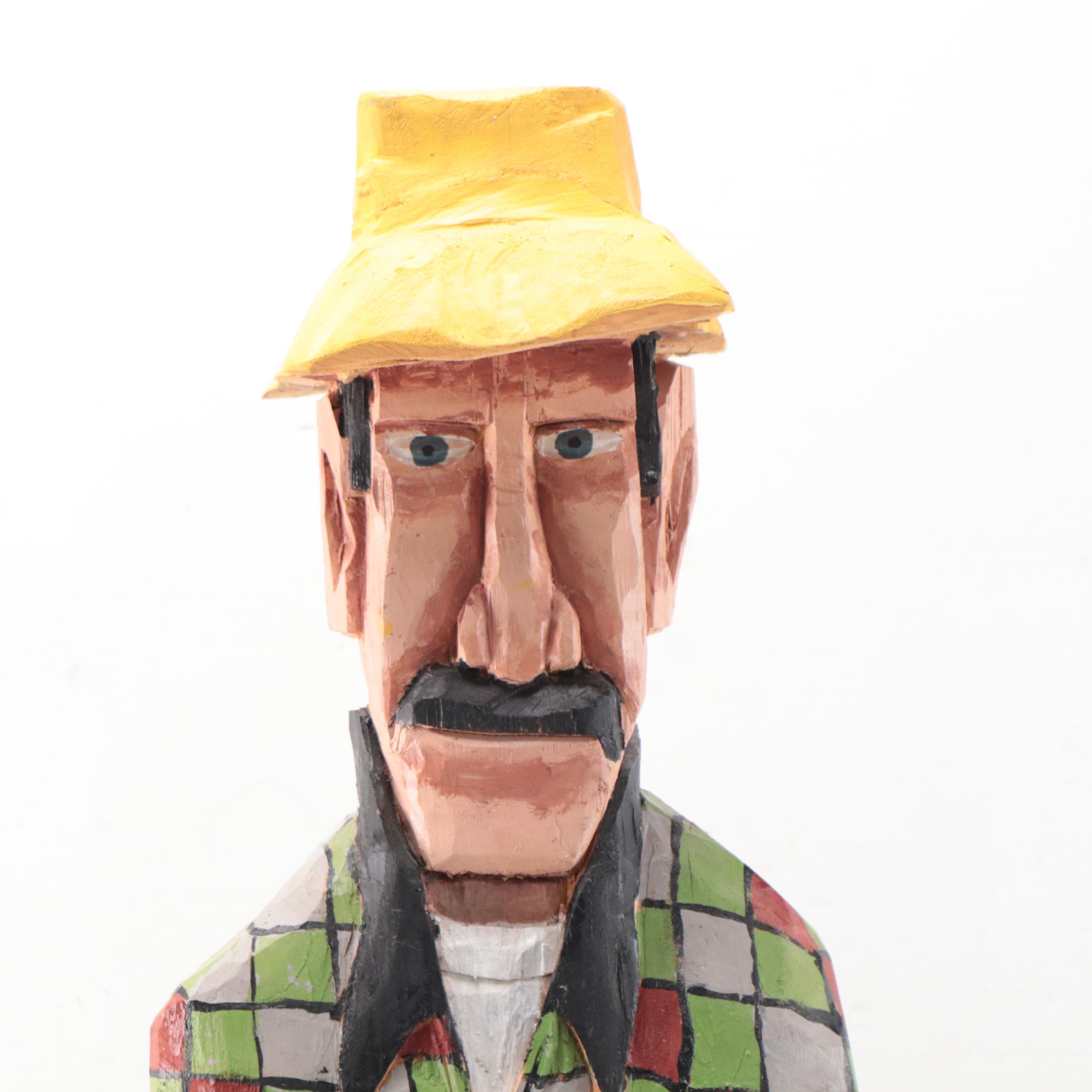 Josef Folk Art Hand-Painted Carved Wood Sculpture of Fishermen, 2002