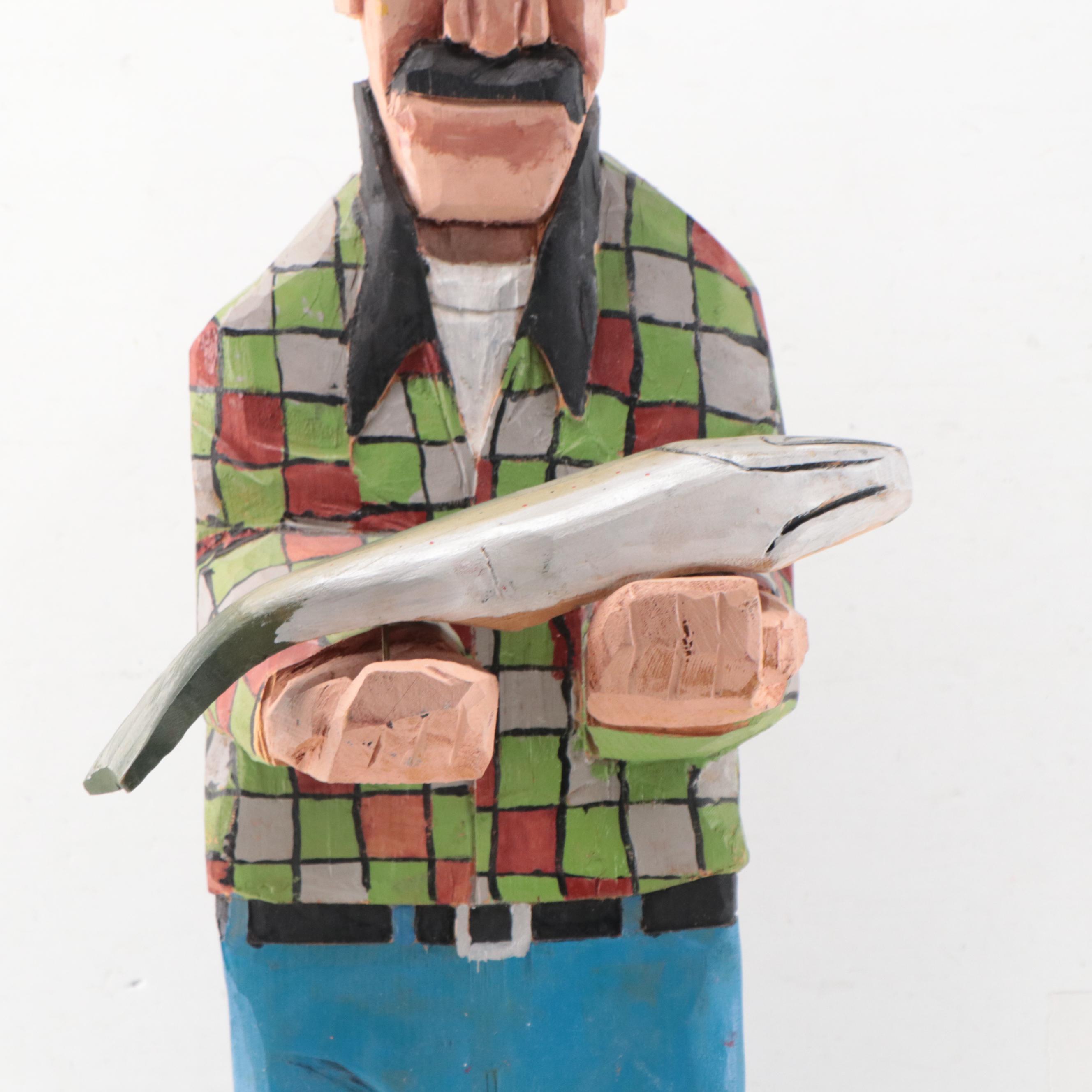 Josef Folk Art Hand-Painted Carved Wood Sculpture of Fishermen, 2002