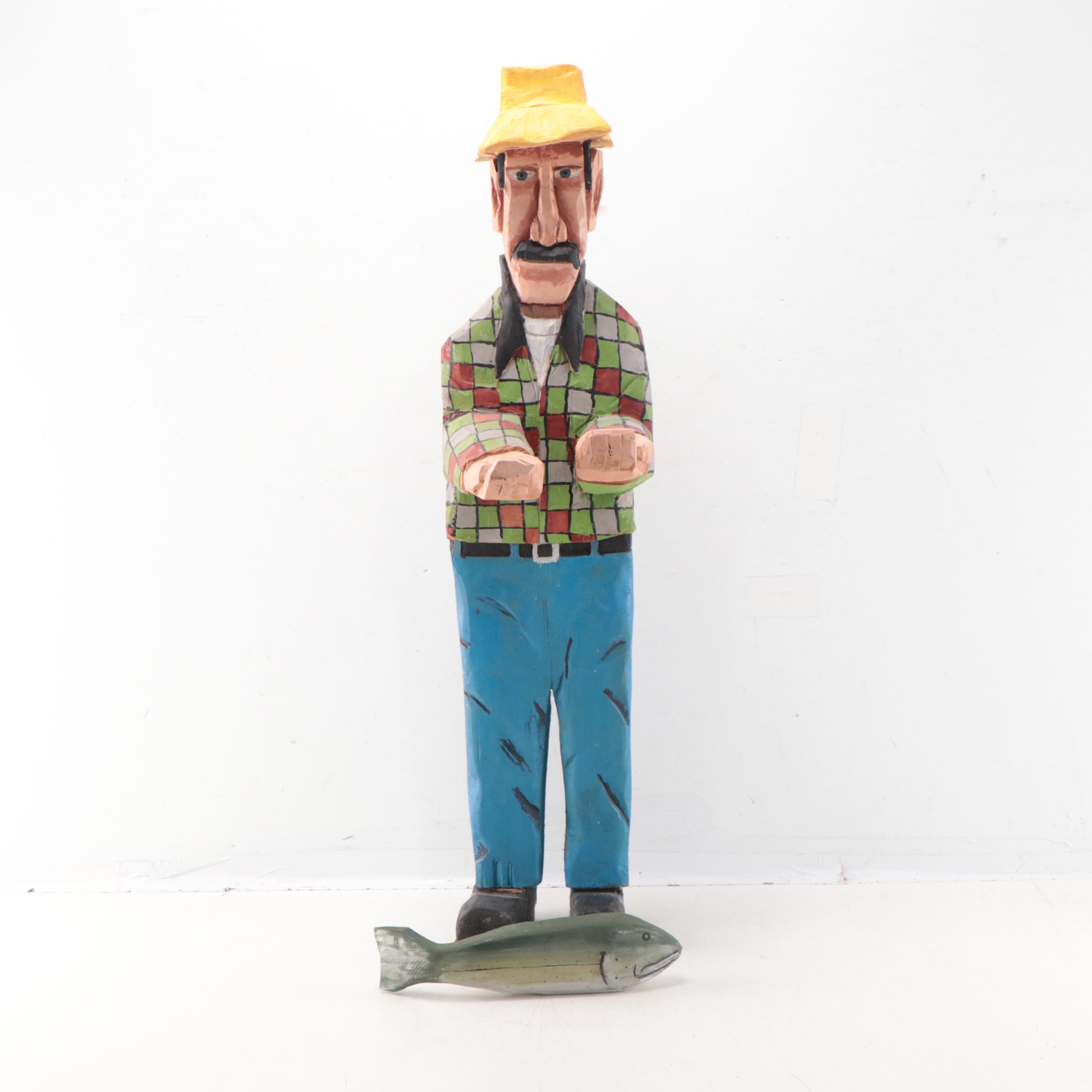 Josef Folk Art Hand-Painted Carved Wood Sculpture of Fishermen, 2002
