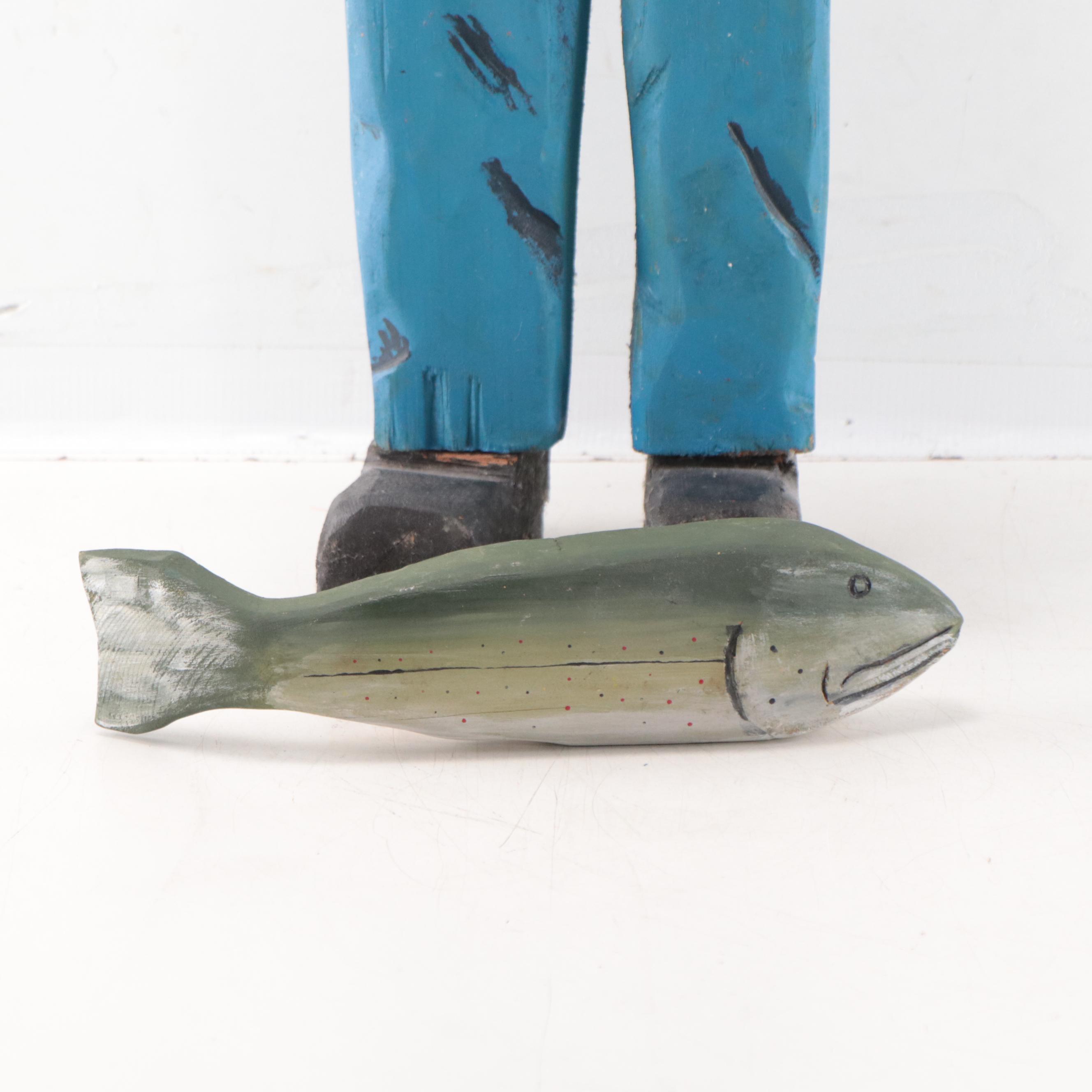 Josef Folk Art Hand-Painted Carved Wood Sculpture of Fishermen, 2002