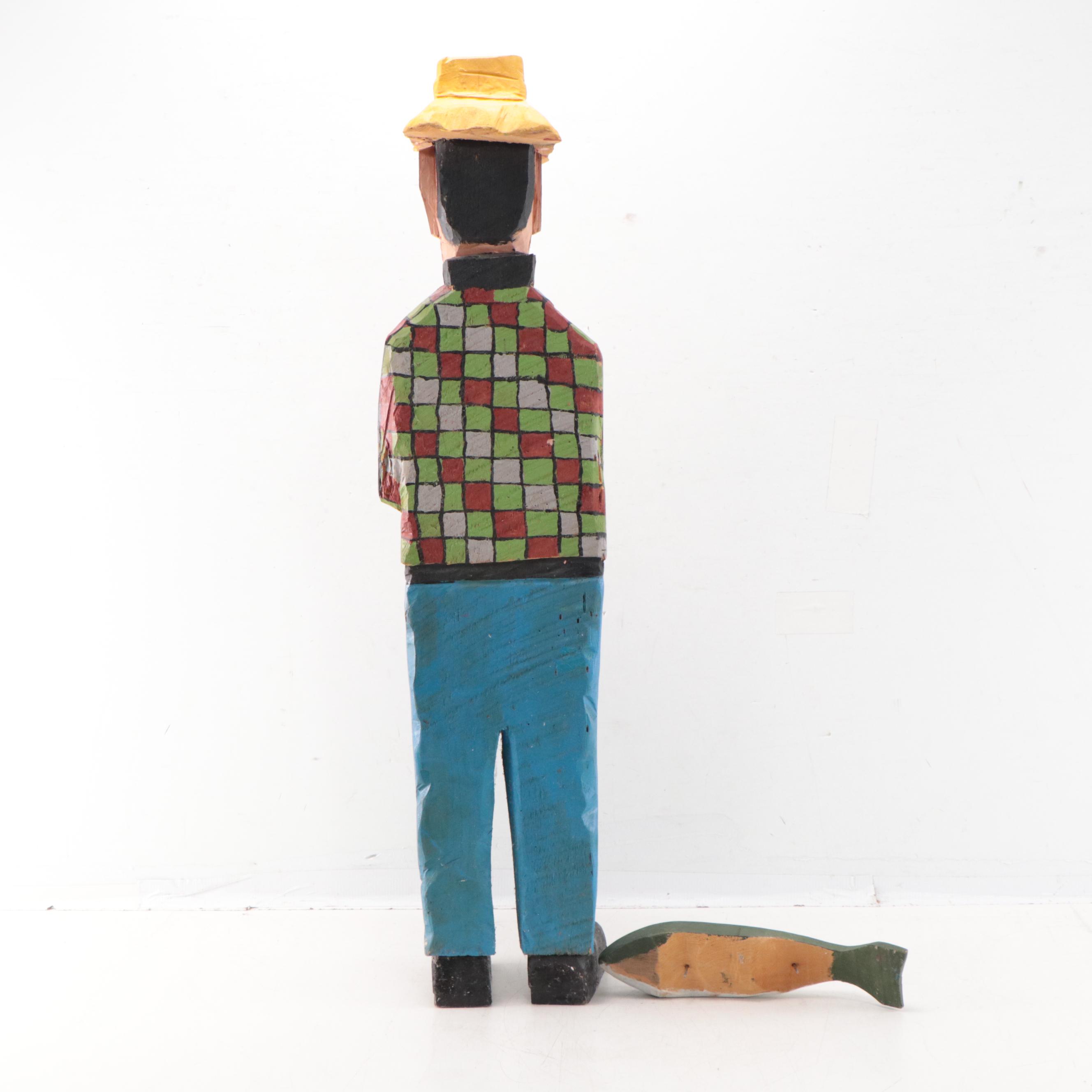 Josef Folk Art Hand-Painted Carved Wood Sculpture of Fishermen, 2002