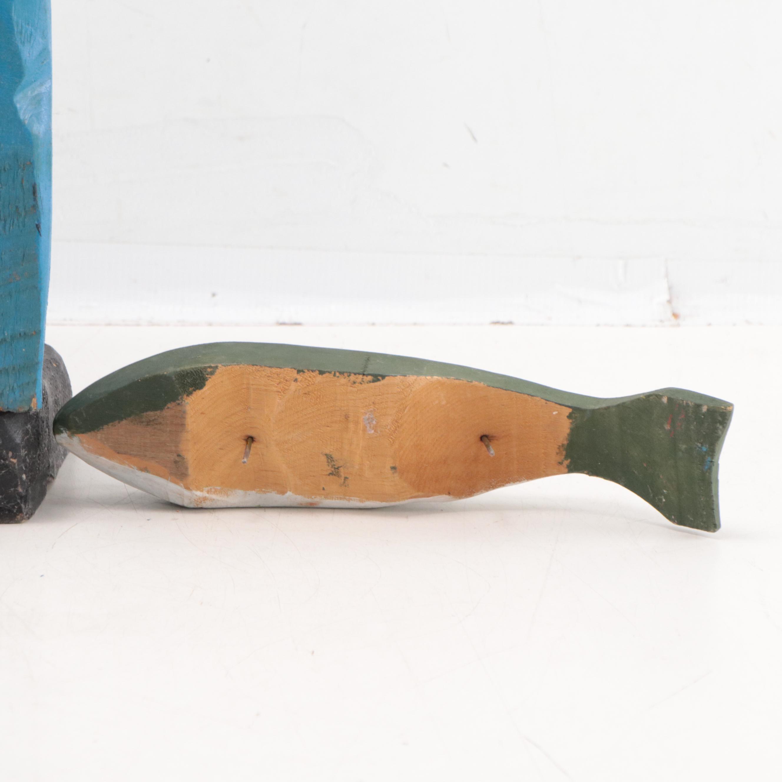 Josef Folk Art Hand-Painted Carved Wood Sculpture of Fishermen, 2002