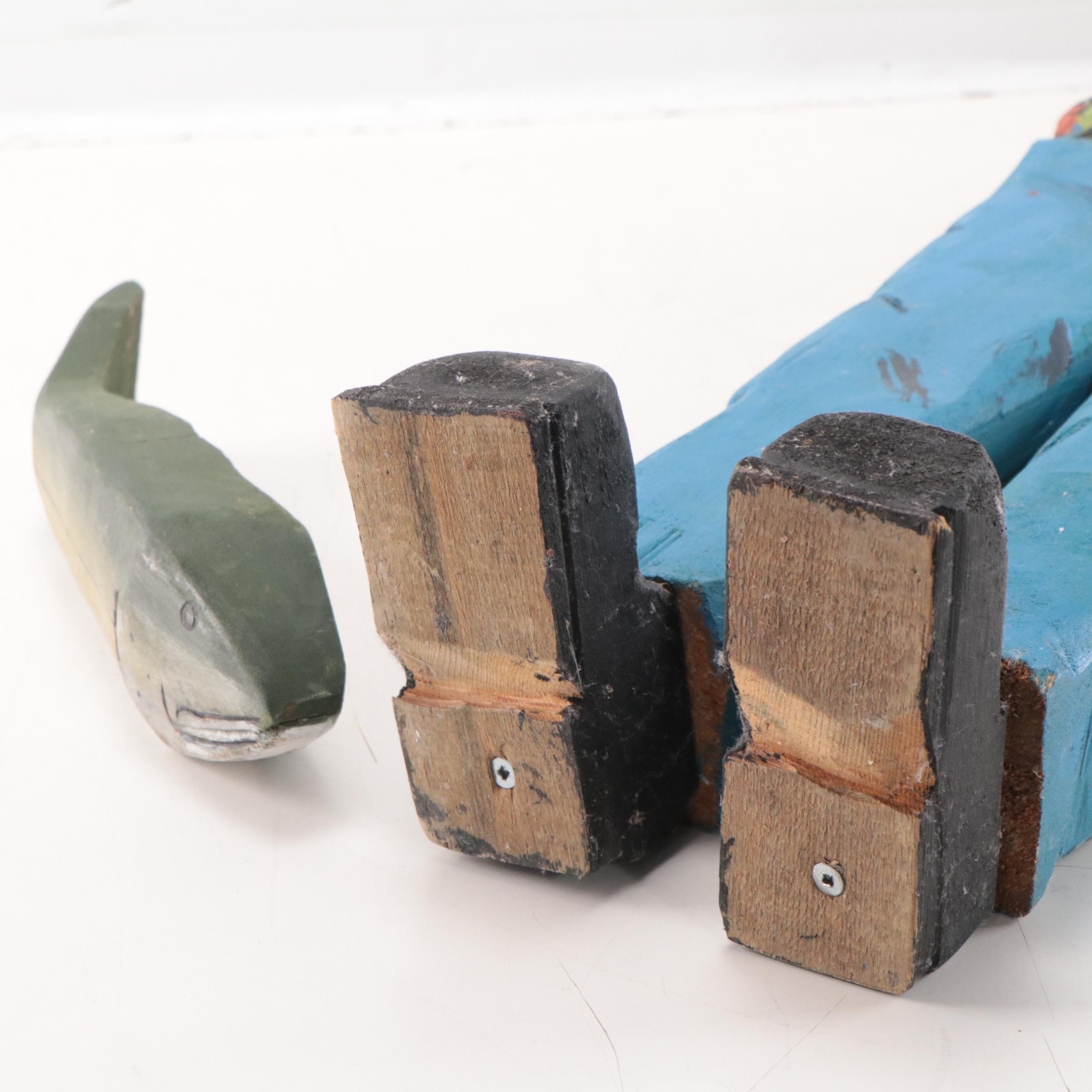 Josef Folk Art Hand-Painted Carved Wood Sculpture of Fishermen, 2002