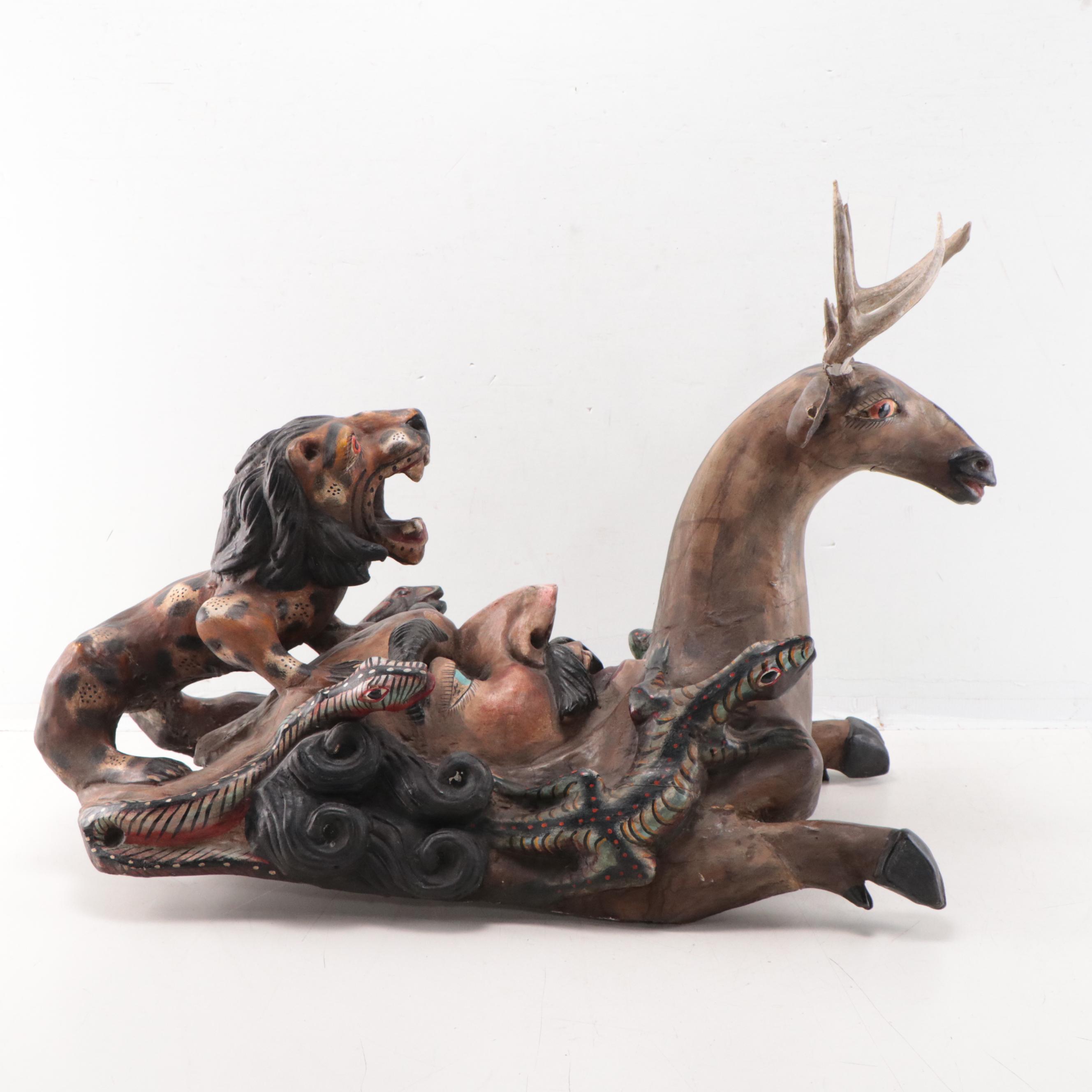 Mexican Carved Wood Portrait, Deer, and Lion Mask