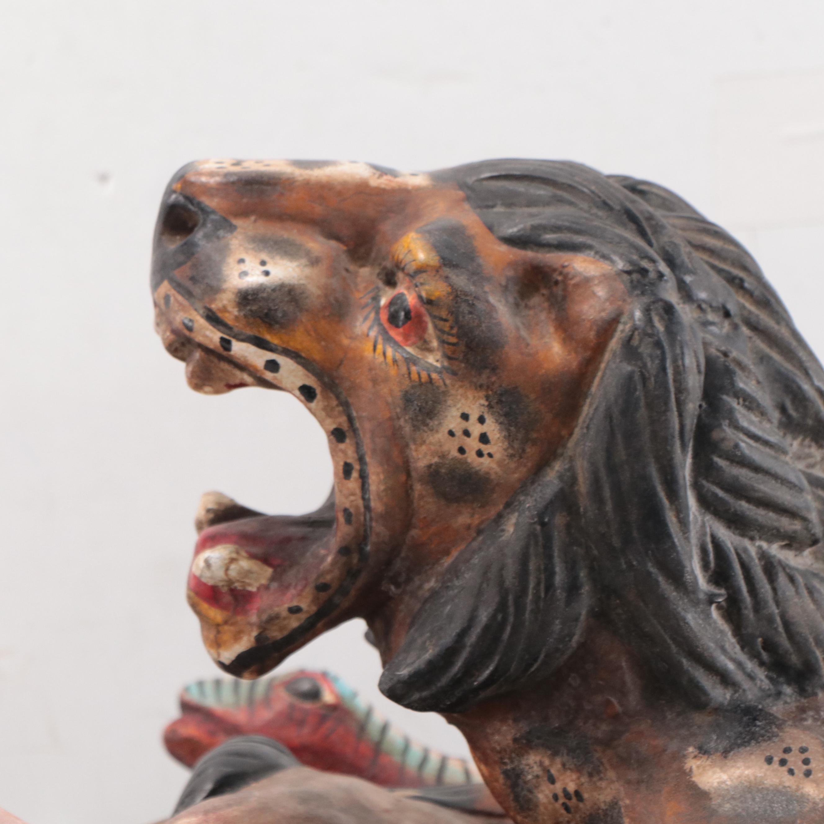 Mexican Carved Wood Portrait, Deer, and Lion Mask