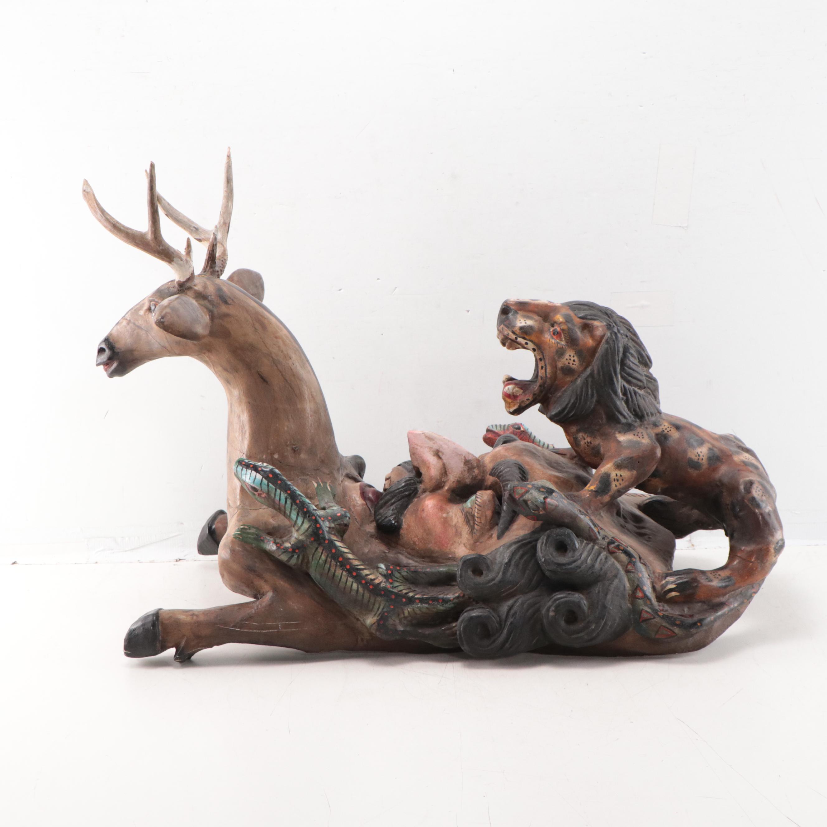 Mexican Carved Wood Portrait, Deer, and Lion Mask