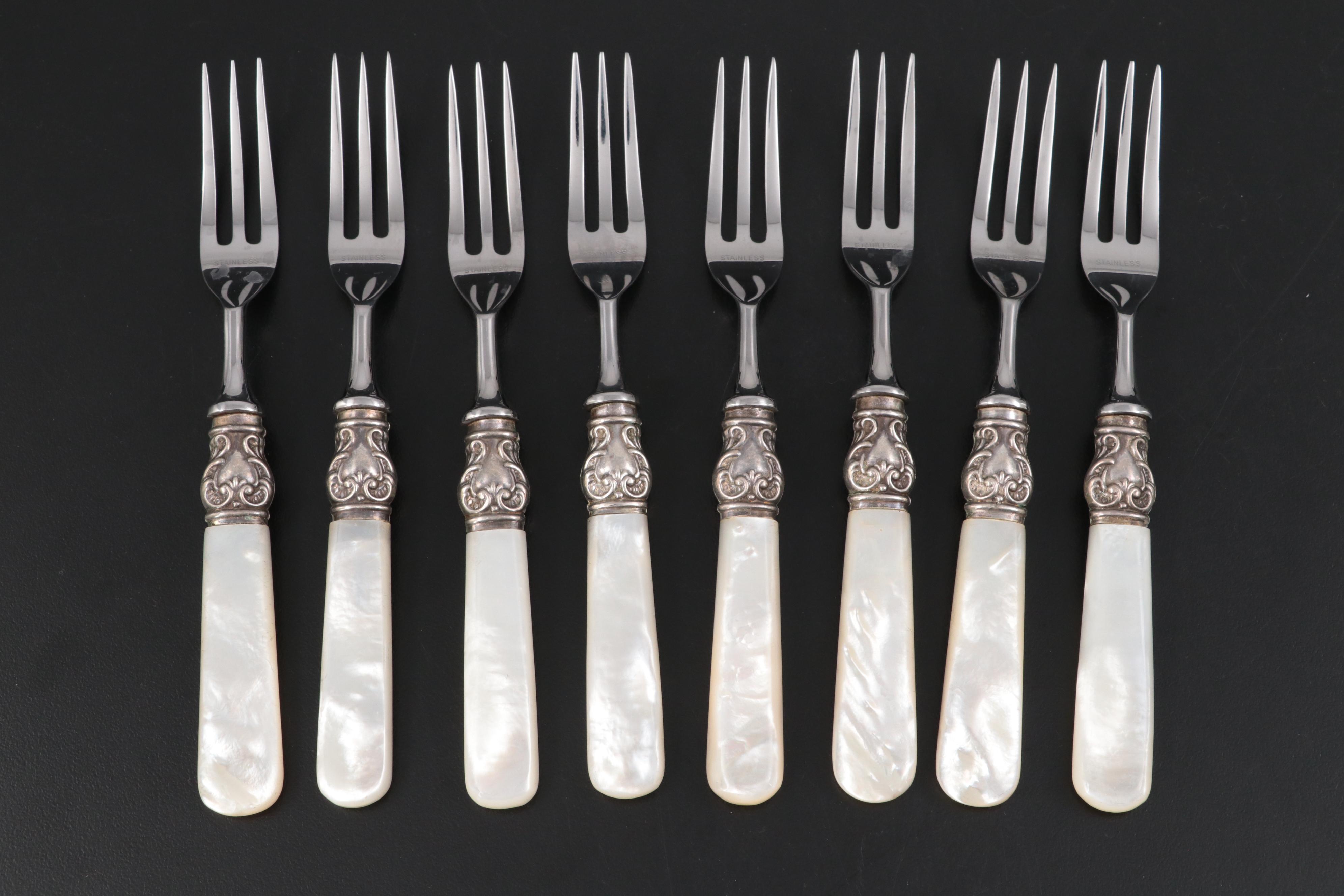Mother-of-Pearl Handled Dessert Set with Sterling Collars, 20th Century