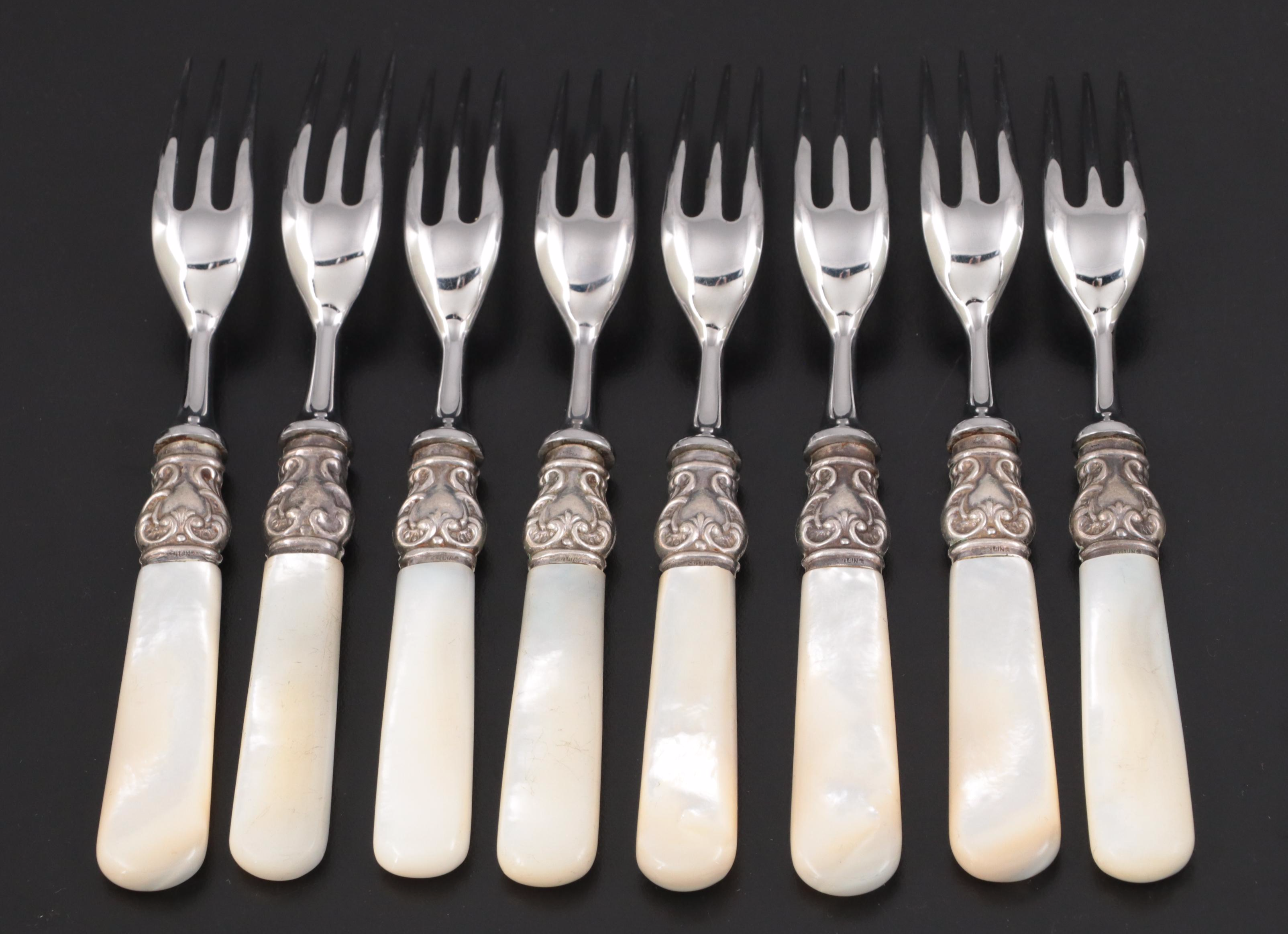 Mother-of-Pearl Handled Dessert Set with Sterling Collars, 20th Century