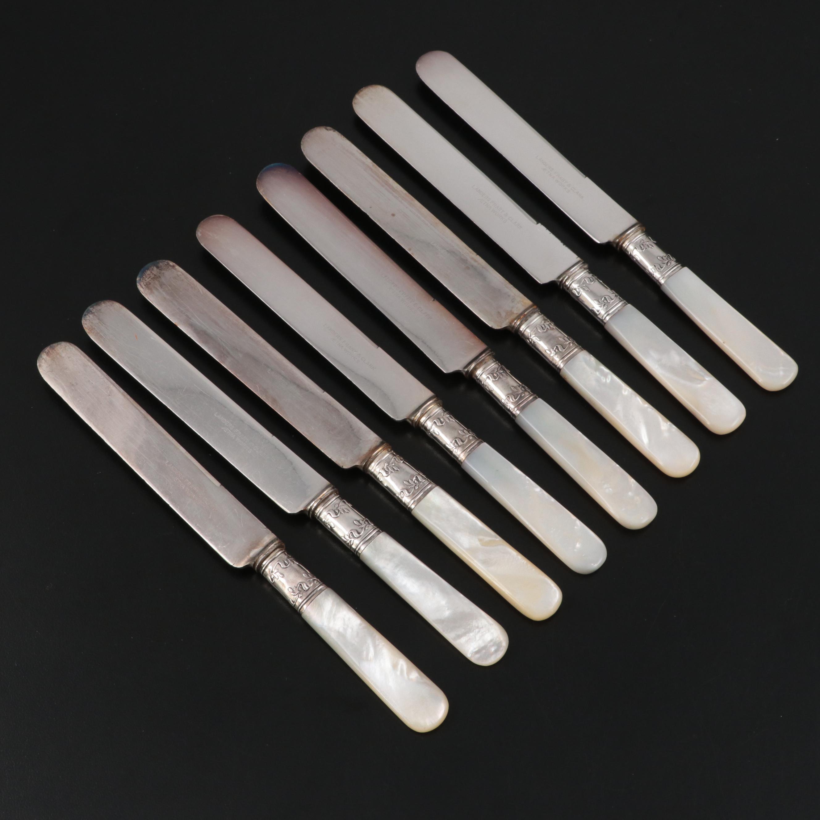 Mother-of-Pearl Handled Dessert Set with Sterling Collars, 20th Century