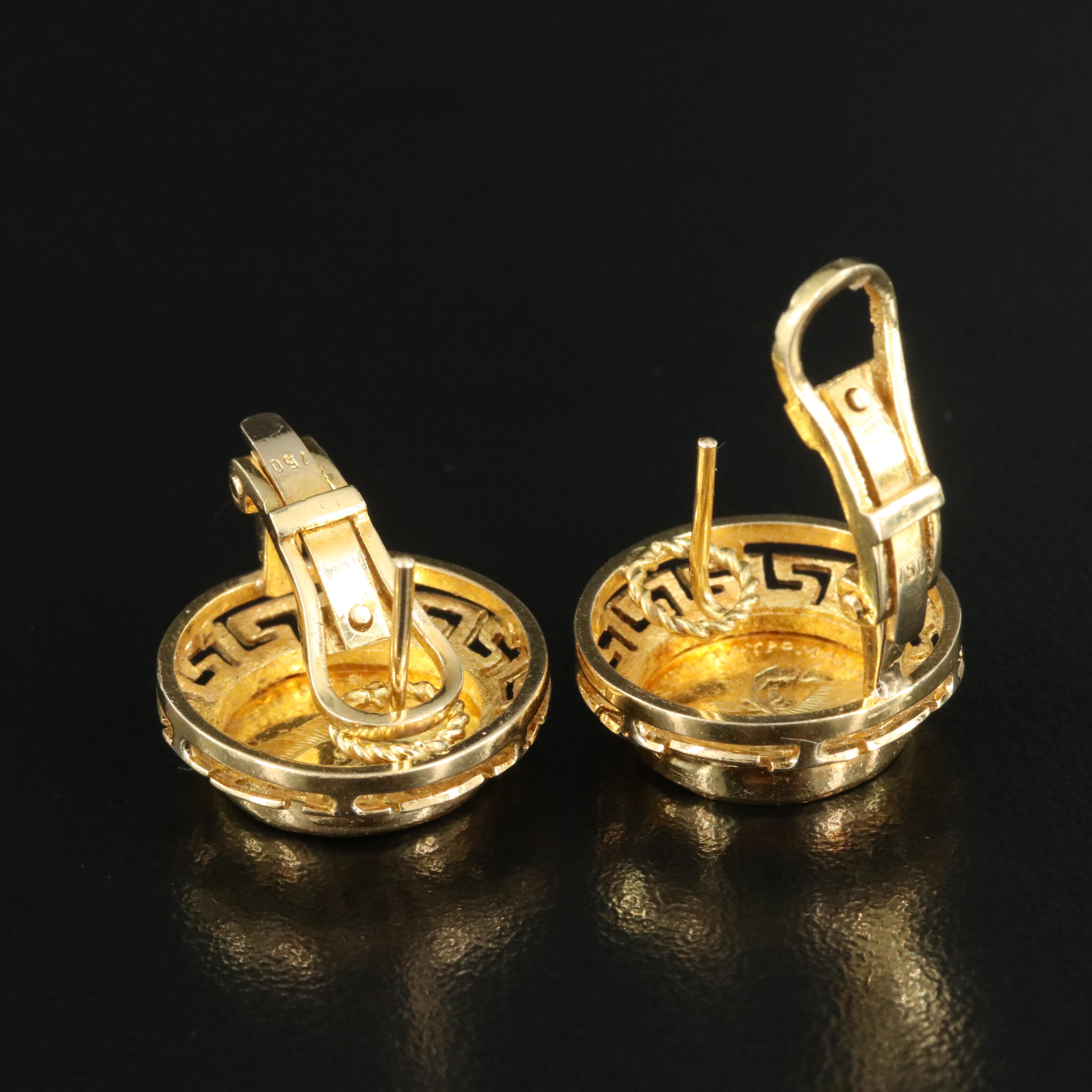 18K Earrings With a Gold Roman Style Coin and Greek Key Detail