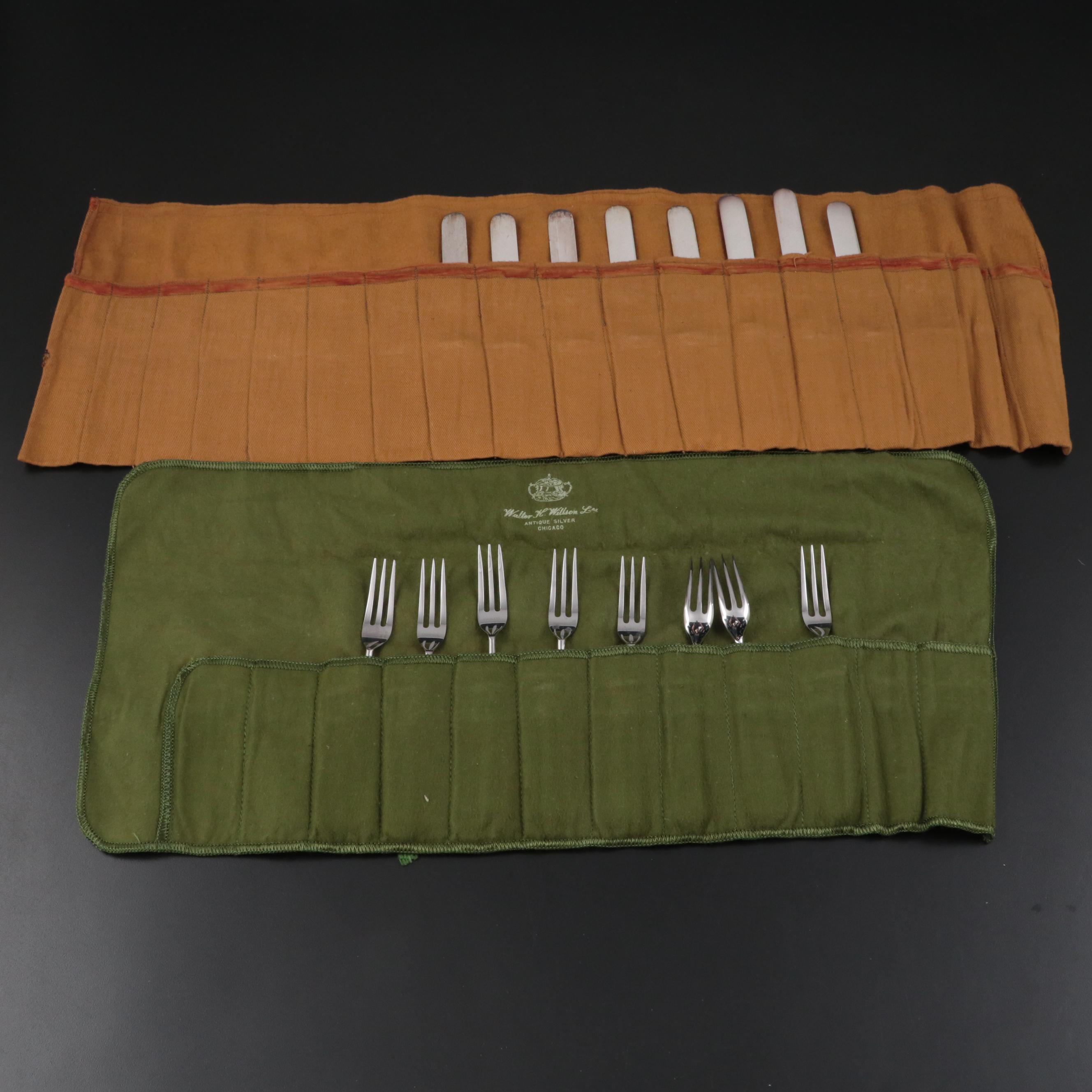 Mother-of-Pearl Handled Dessert Set with Sterling Collars, 20th Century