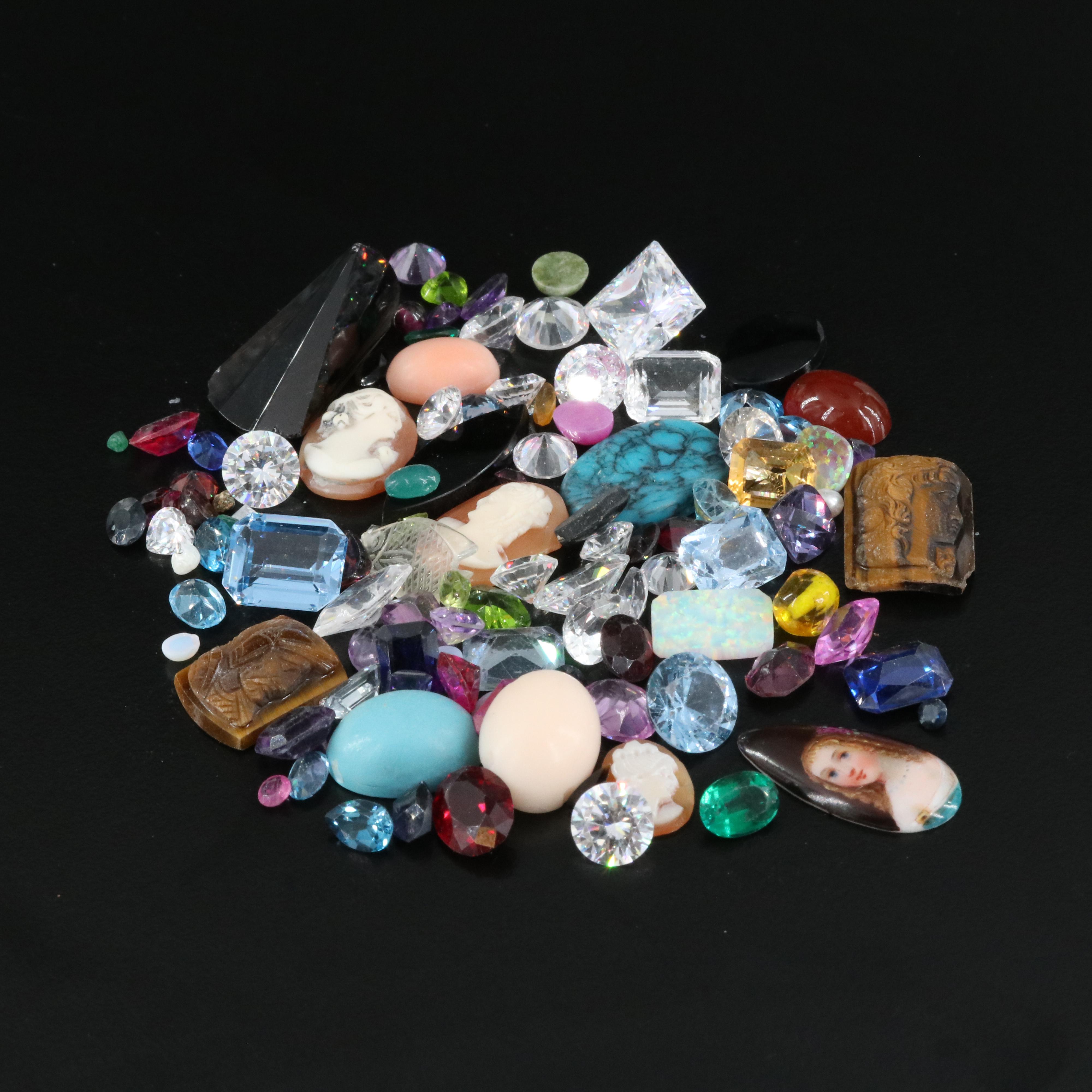 Loose Tiger's Eye Quartz, Coral, Cubic Zirconia and Additional Gemstones