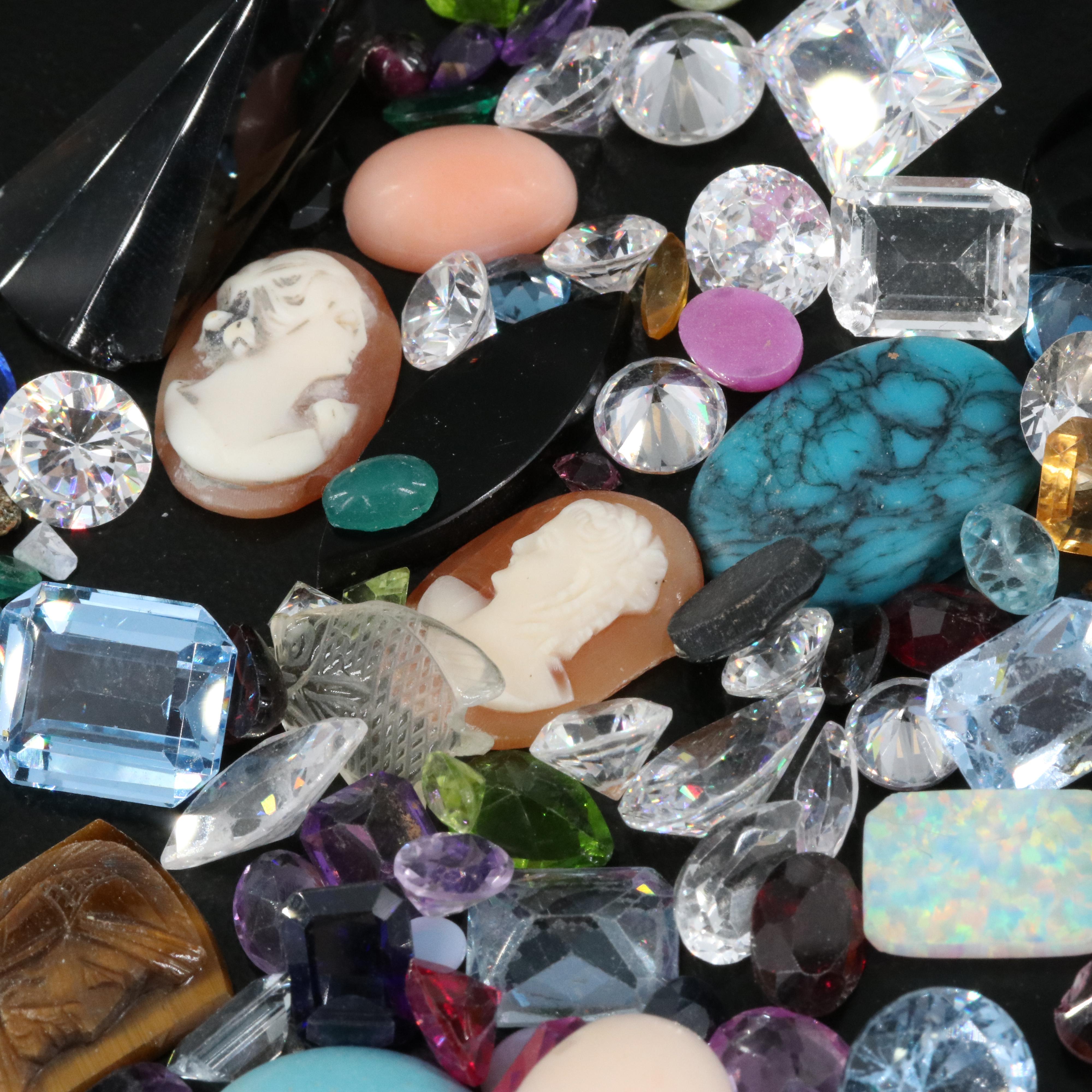 Loose Tiger's Eye Quartz, Coral, Cubic Zirconia and Additional Gemstones