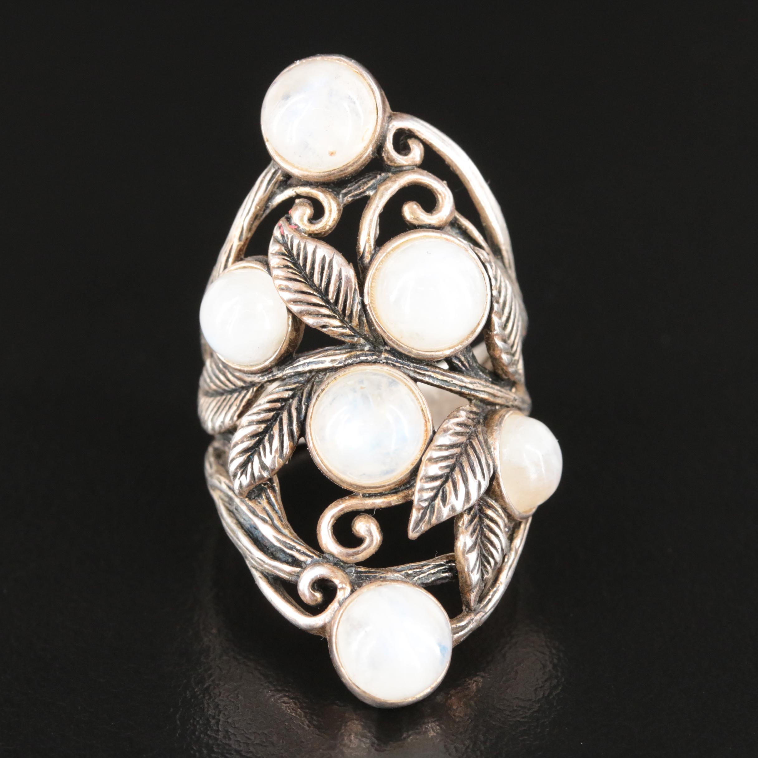 Sterling Rainbow Moonstone Foliate Ring
