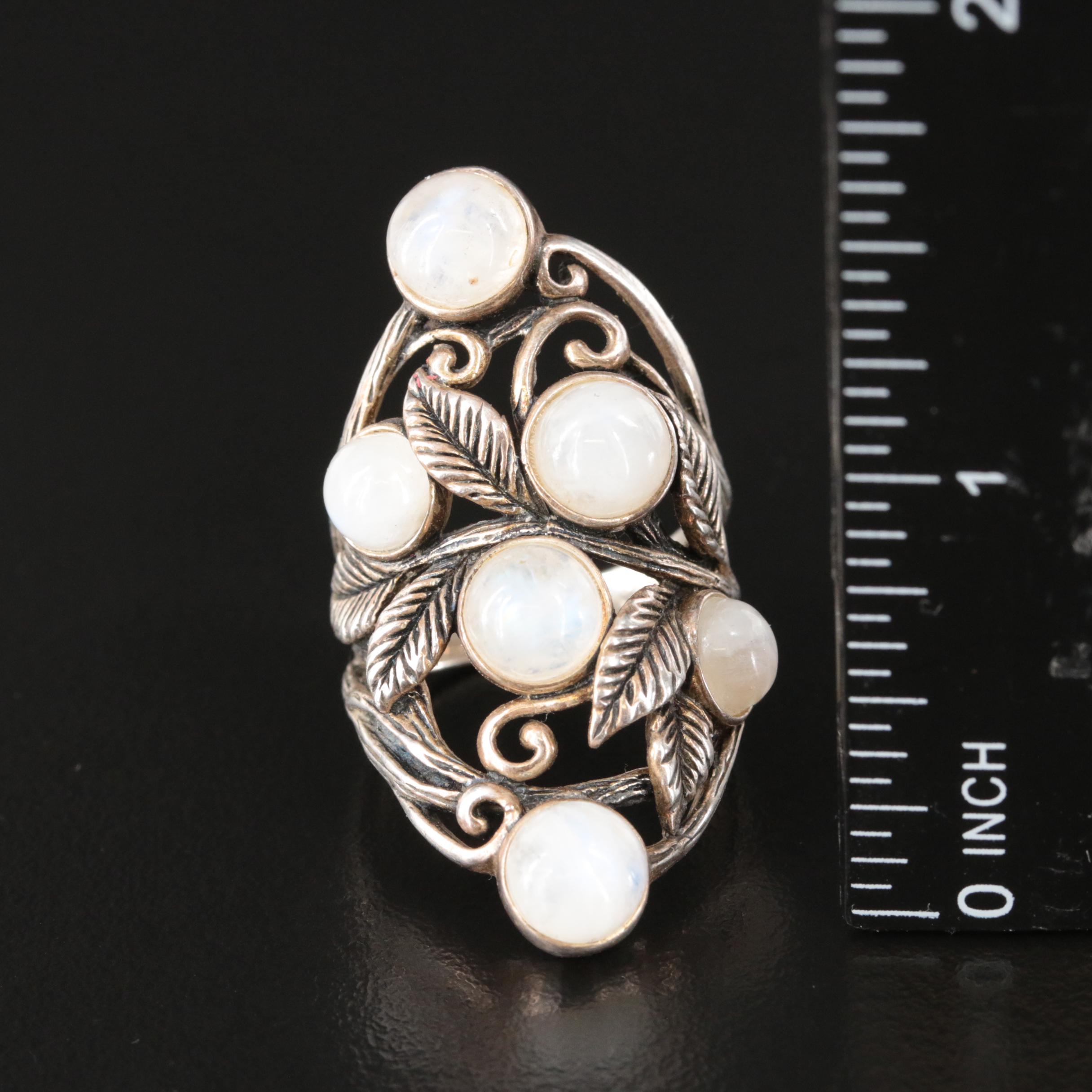 Sterling Rainbow Moonstone Foliate Ring