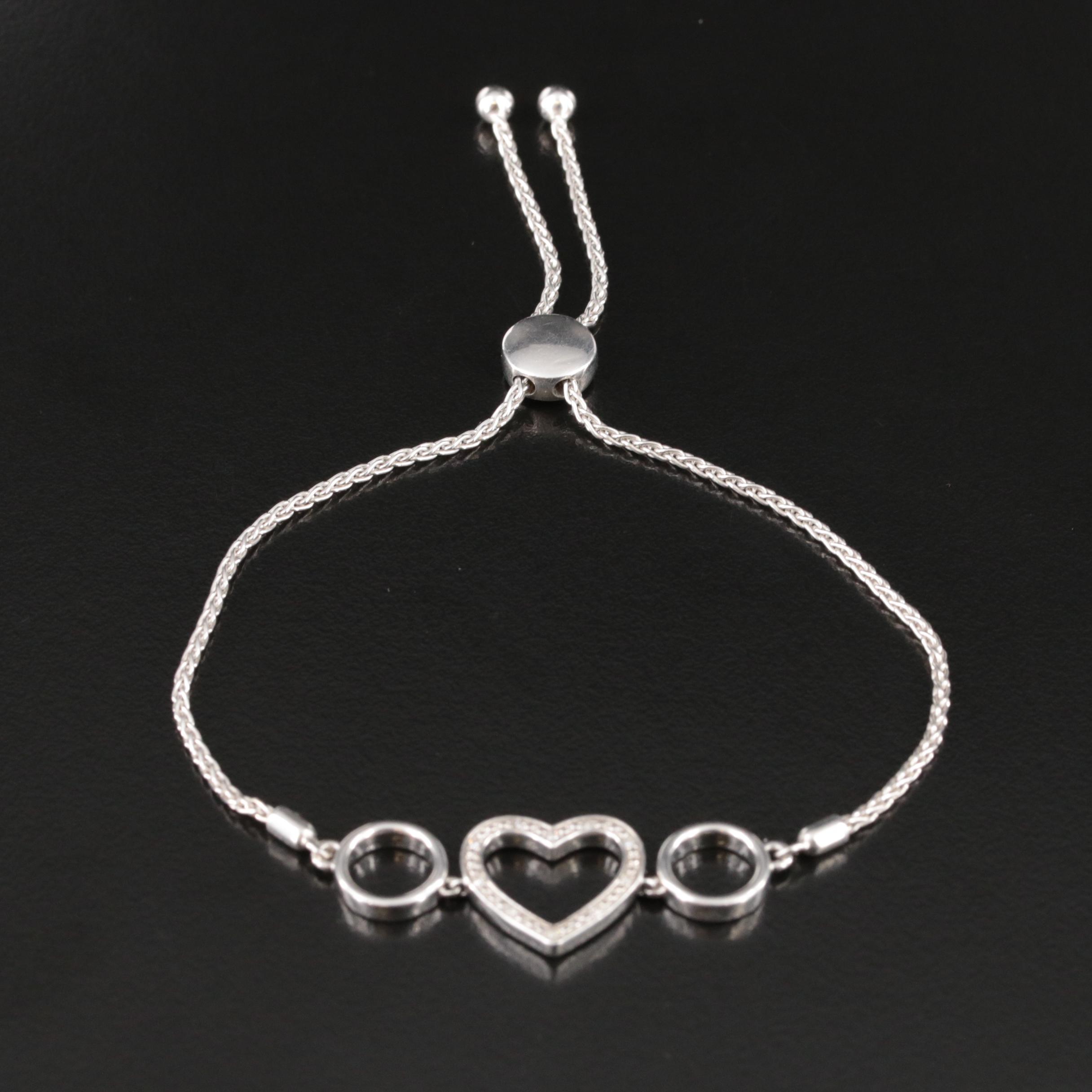 Sterling Diamond Heart Bolo Bracelet