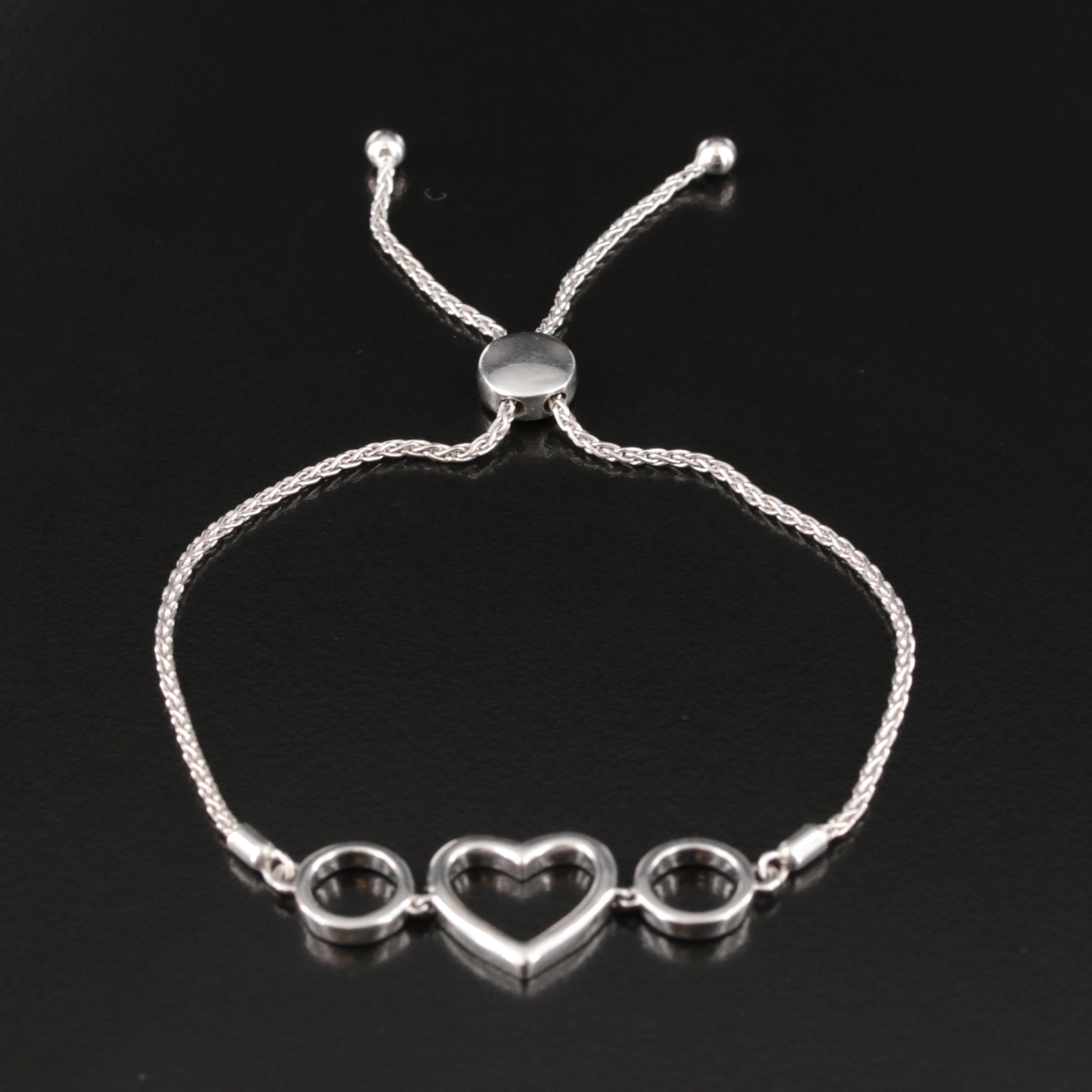 Sterling Diamond Heart Bolo Bracelet