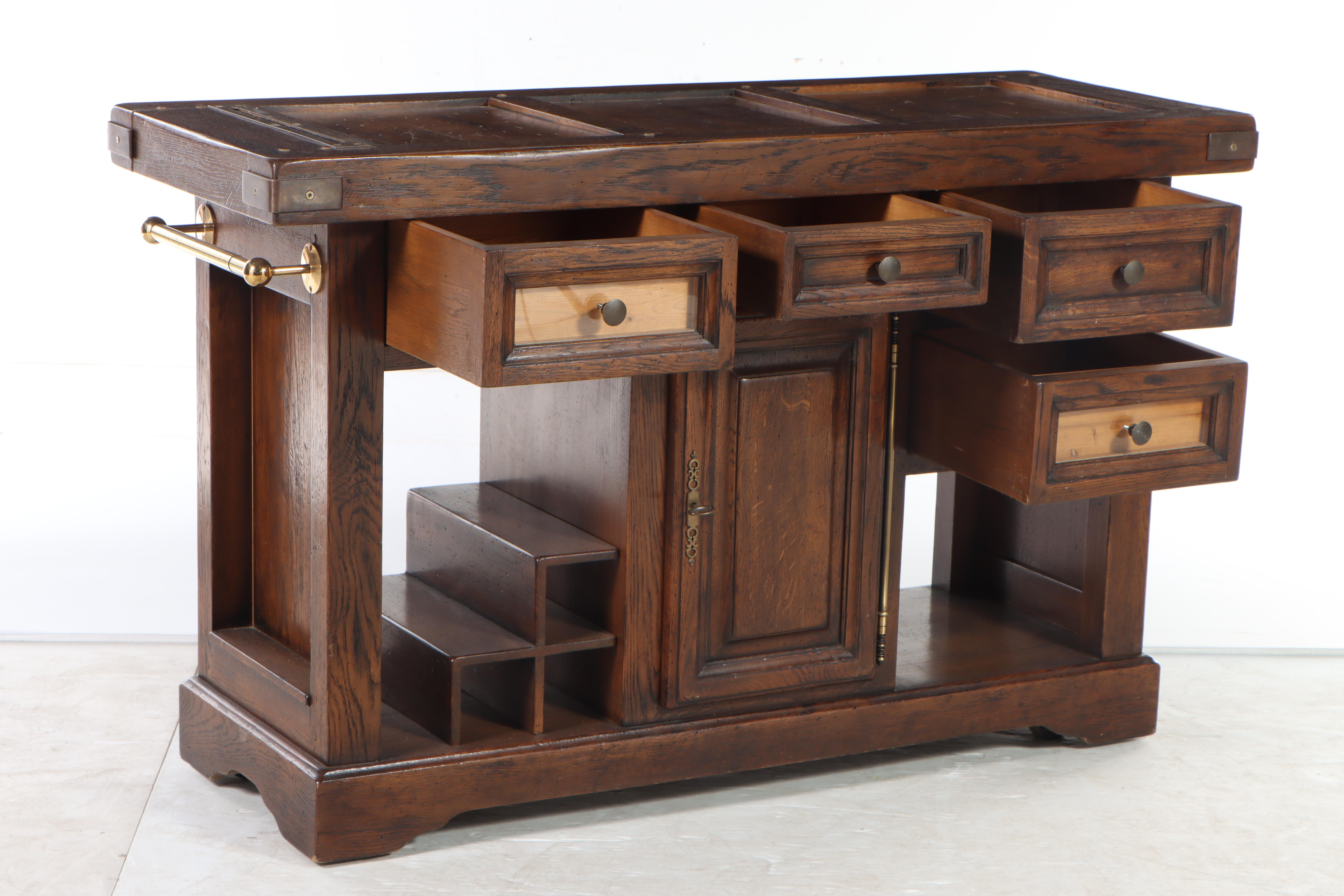 Jean Utges Brass-Mounted Oak Rolling Kitchen Island