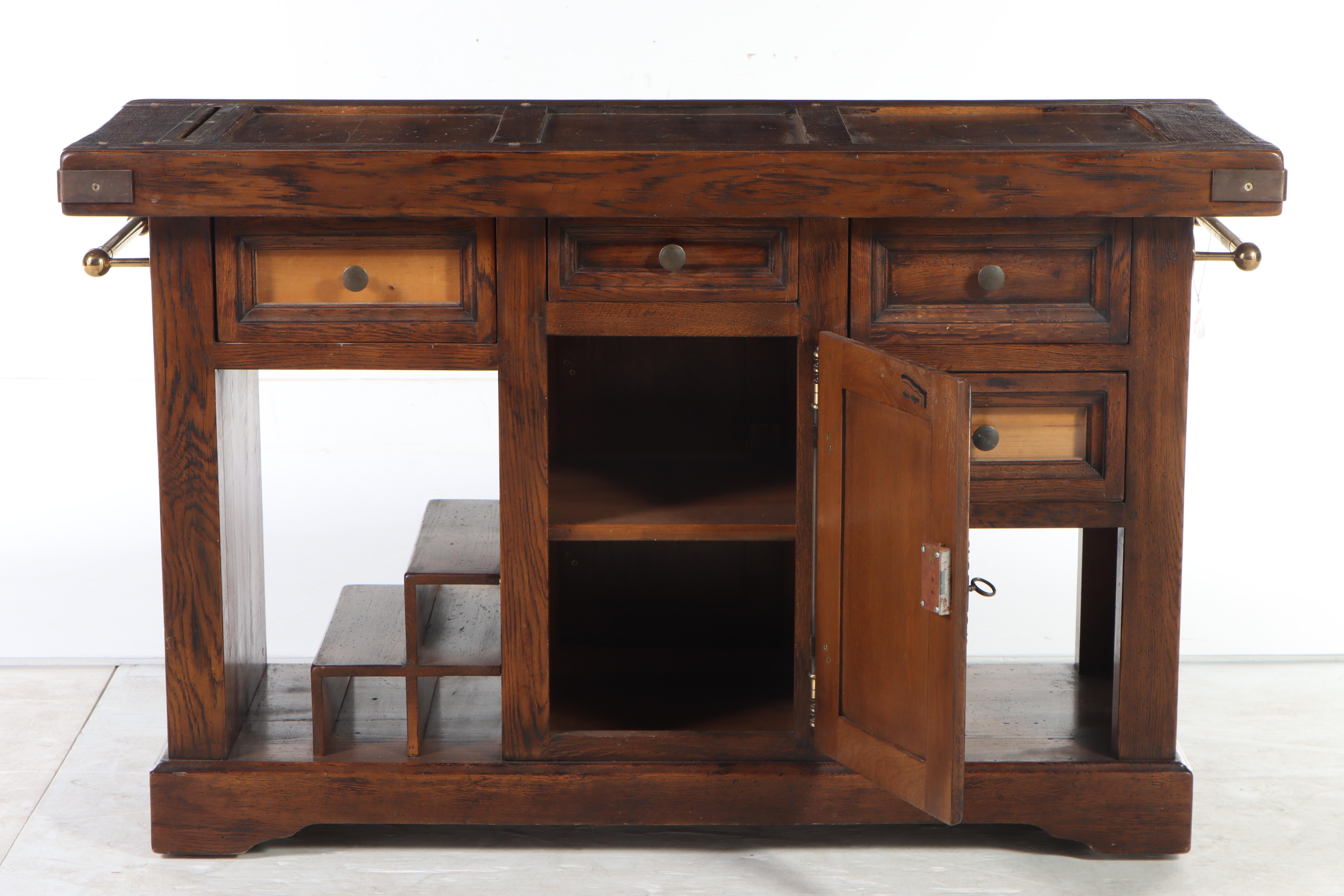 Jean Utges Brass-Mounted Oak Rolling Kitchen Island