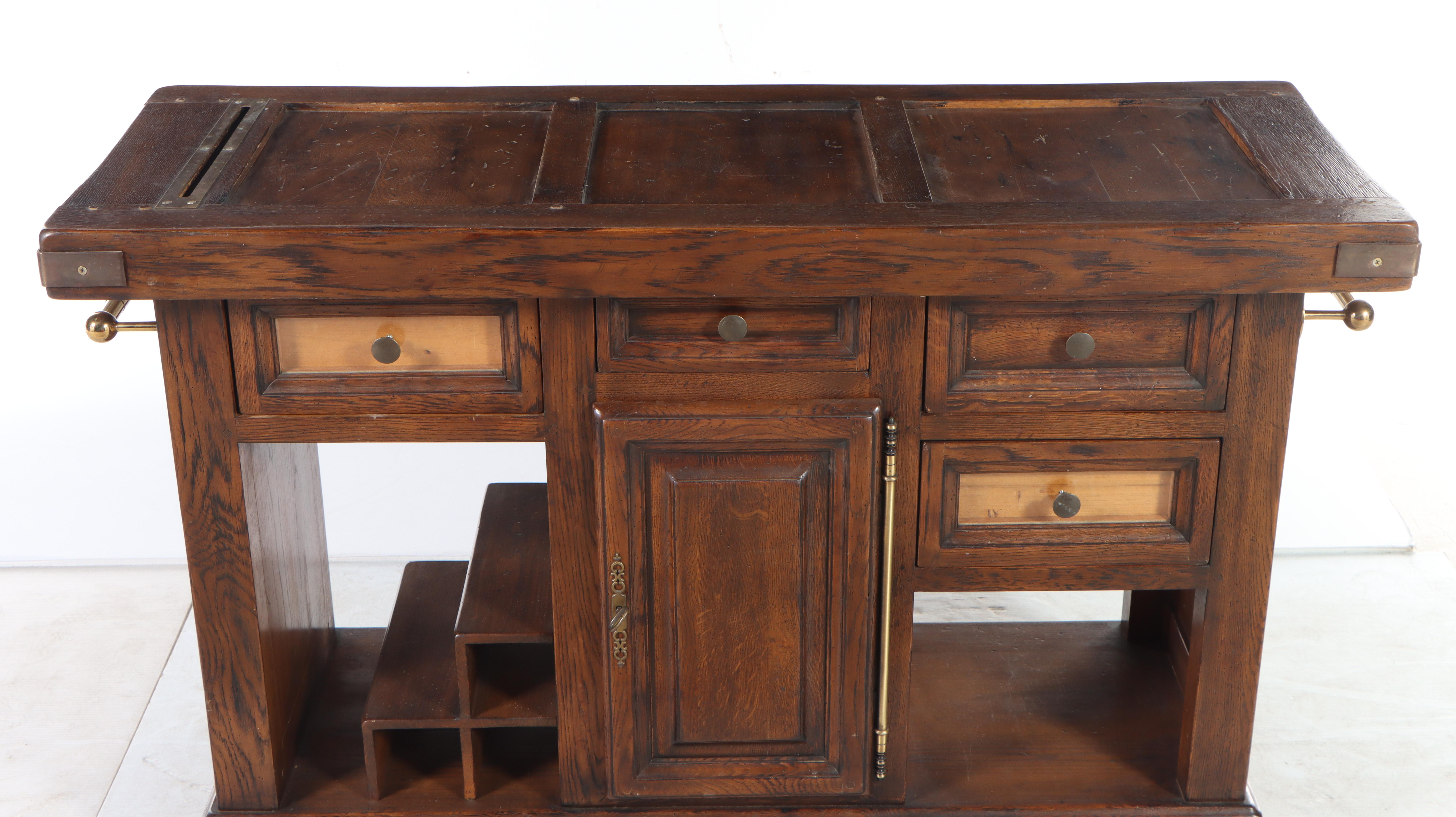 Jean Utges Brass-Mounted Oak Rolling Kitchen Island