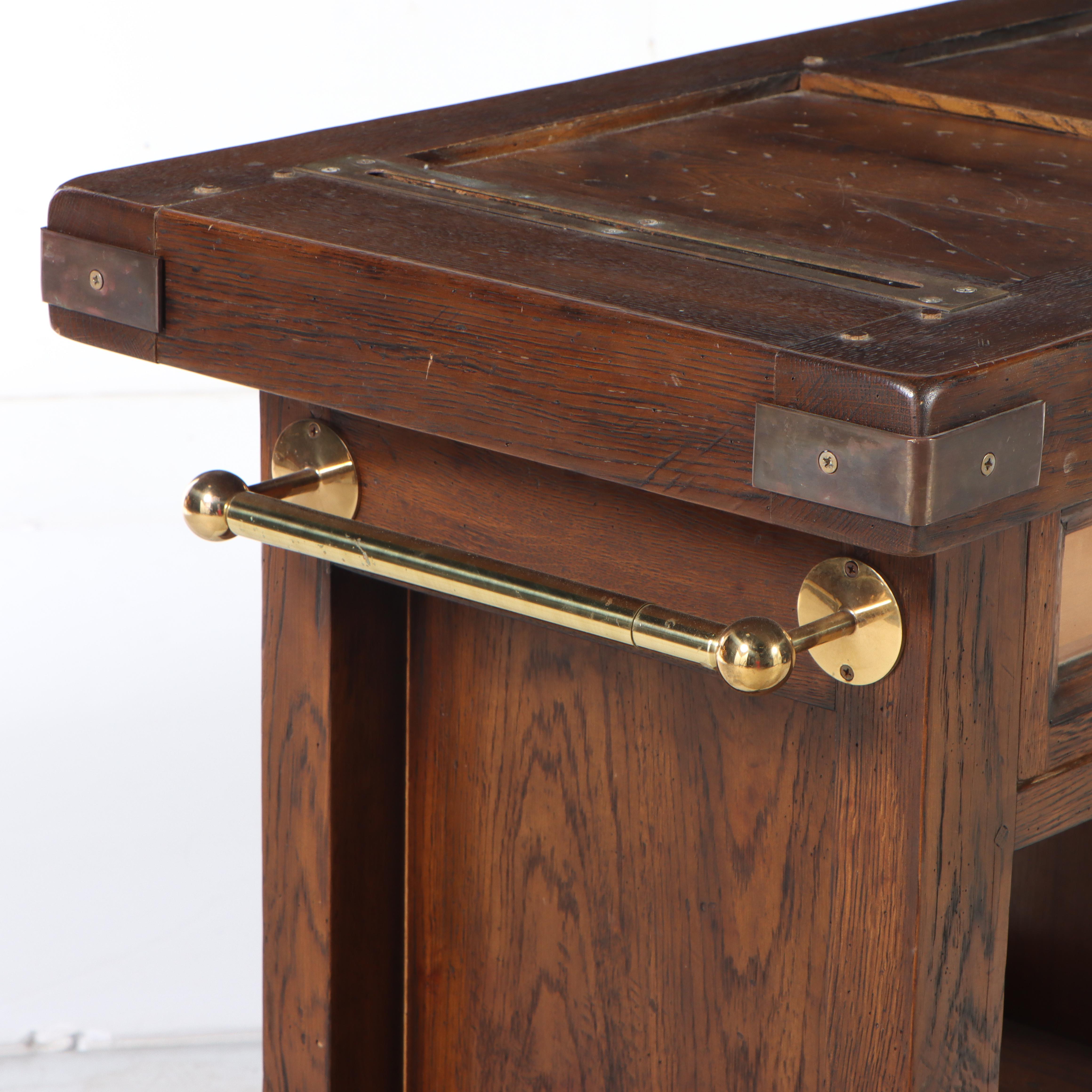 Jean Utges Brass-Mounted Oak Rolling Kitchen Island