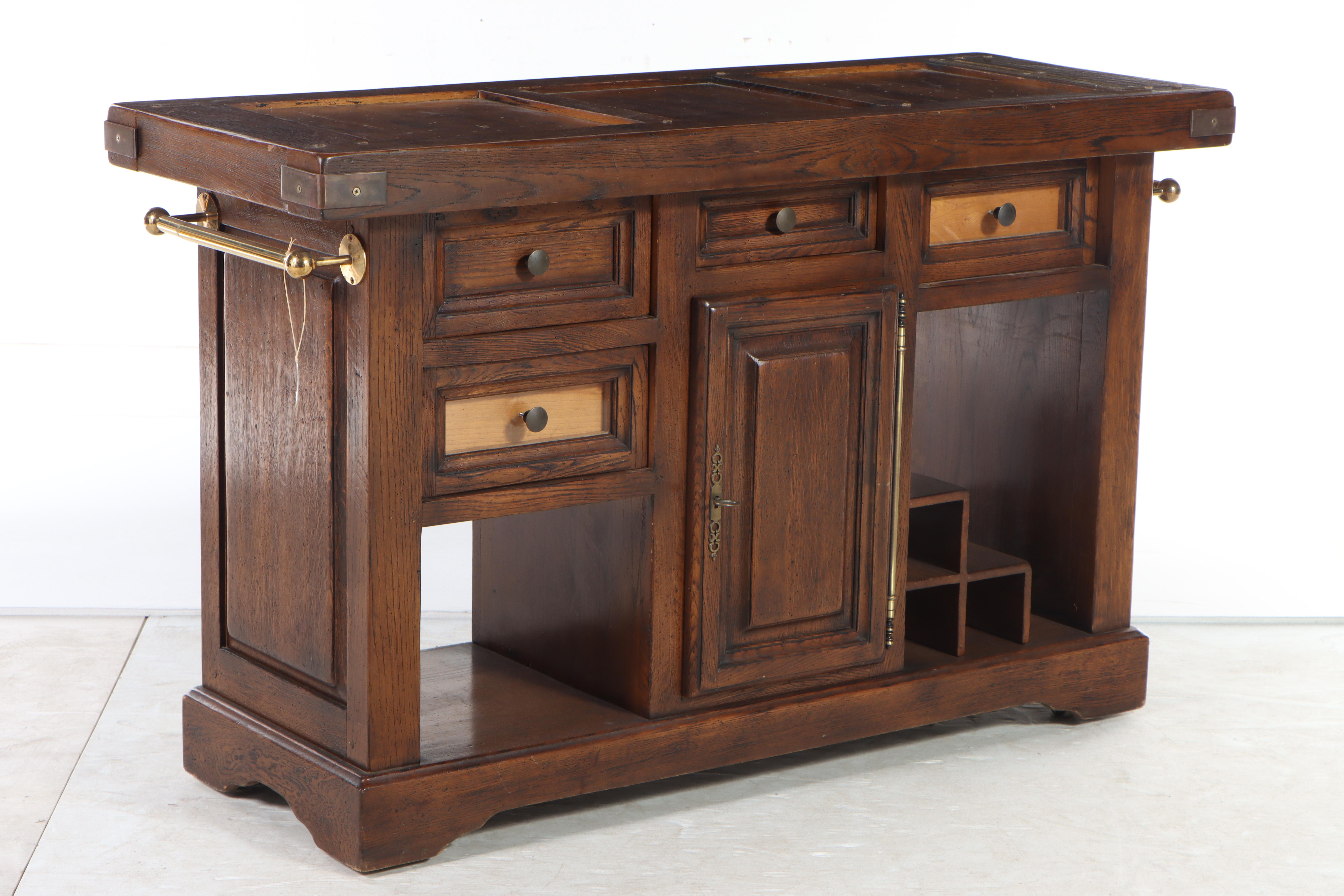 Jean Utges Brass-Mounted Oak Rolling Kitchen Island