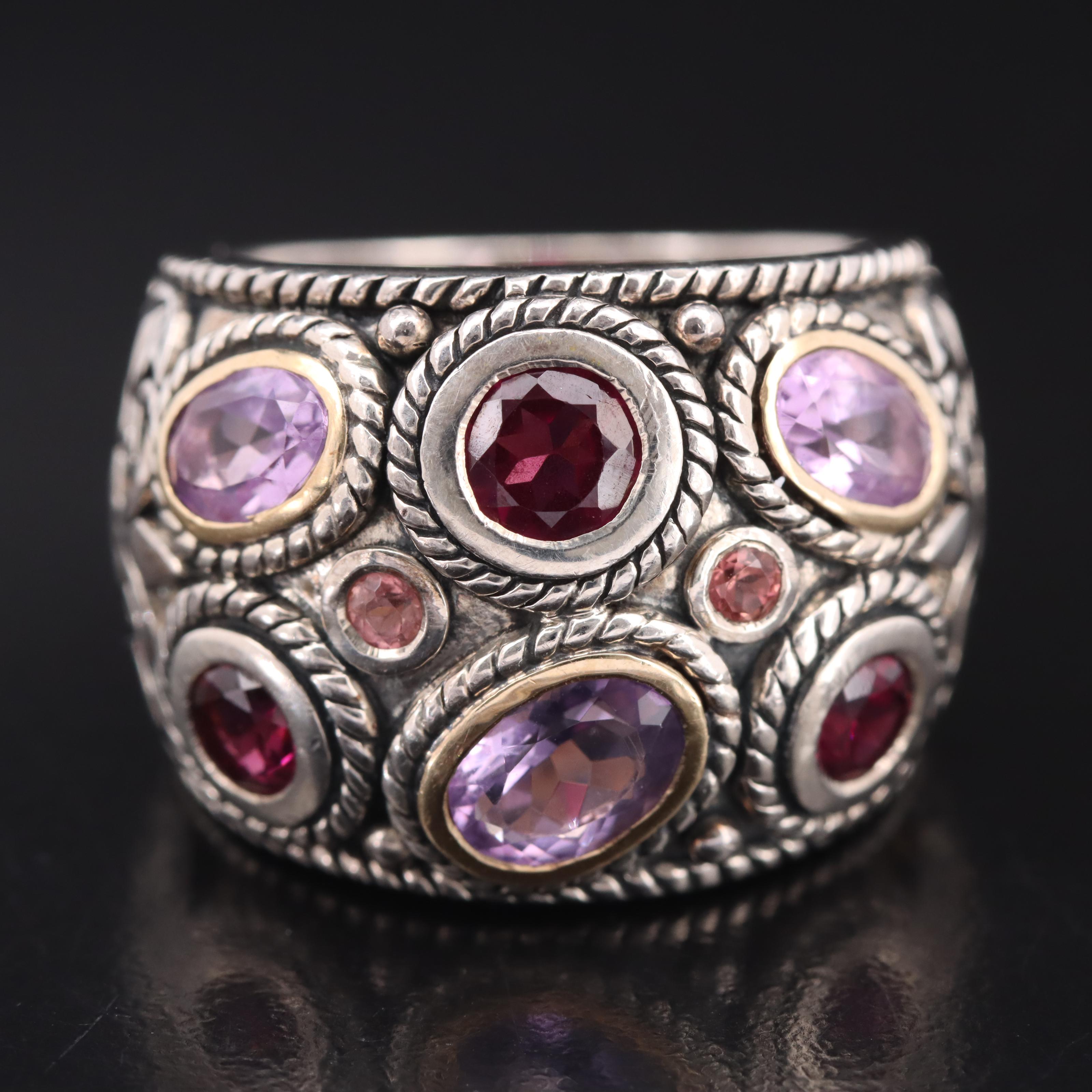 Sterling Amethyst, Garnet and Tourmaline Ring with 14K Accents