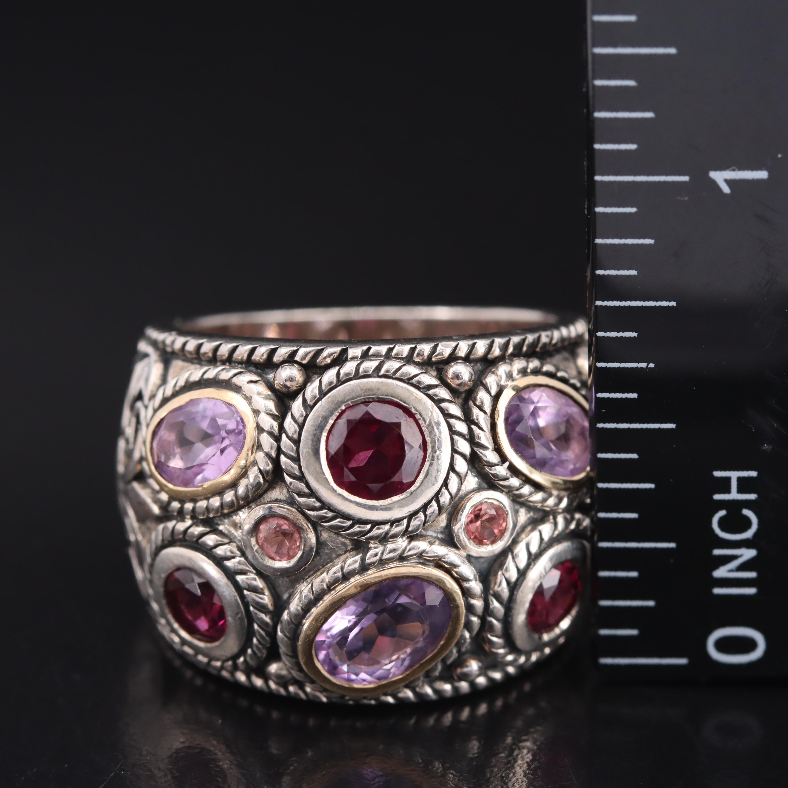 Sterling Amethyst, Garnet and Tourmaline Ring with 14K Accents