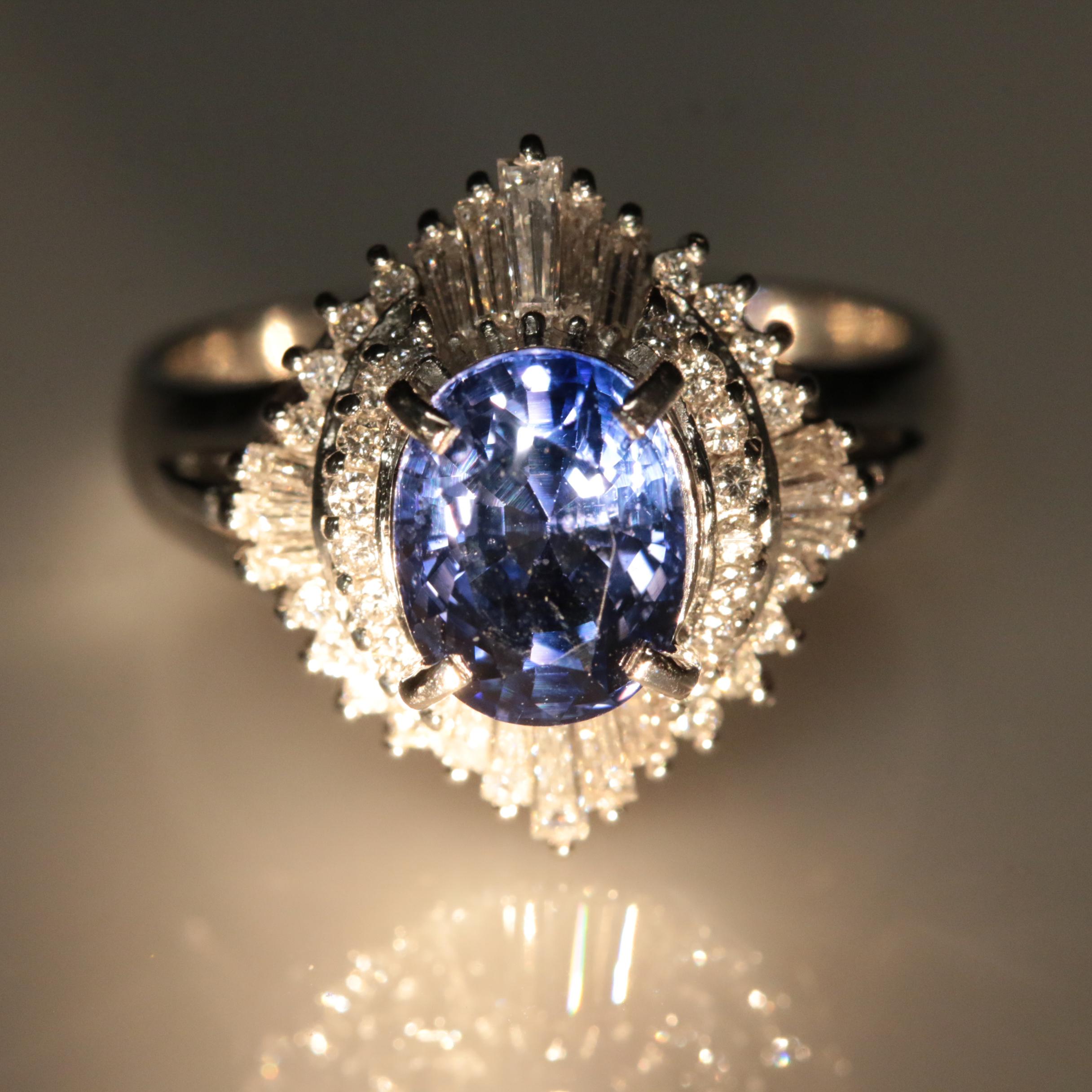Platinum 2.31 CT Ceylon Color Change Sapphire and Diamond Ring with GIA Report