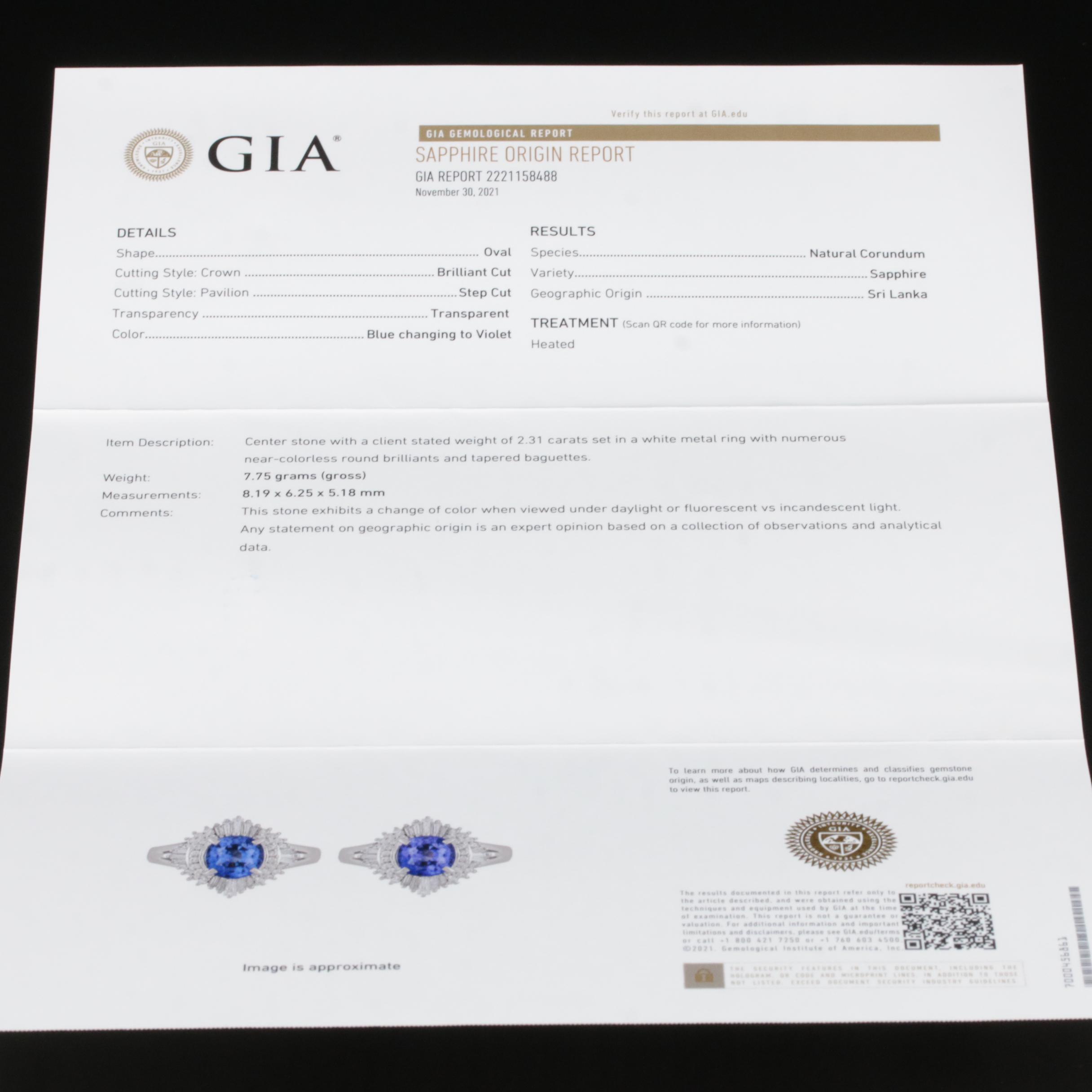 Platinum 2.31 CT Ceylon Color Change Sapphire and Diamond Ring with GIA Report