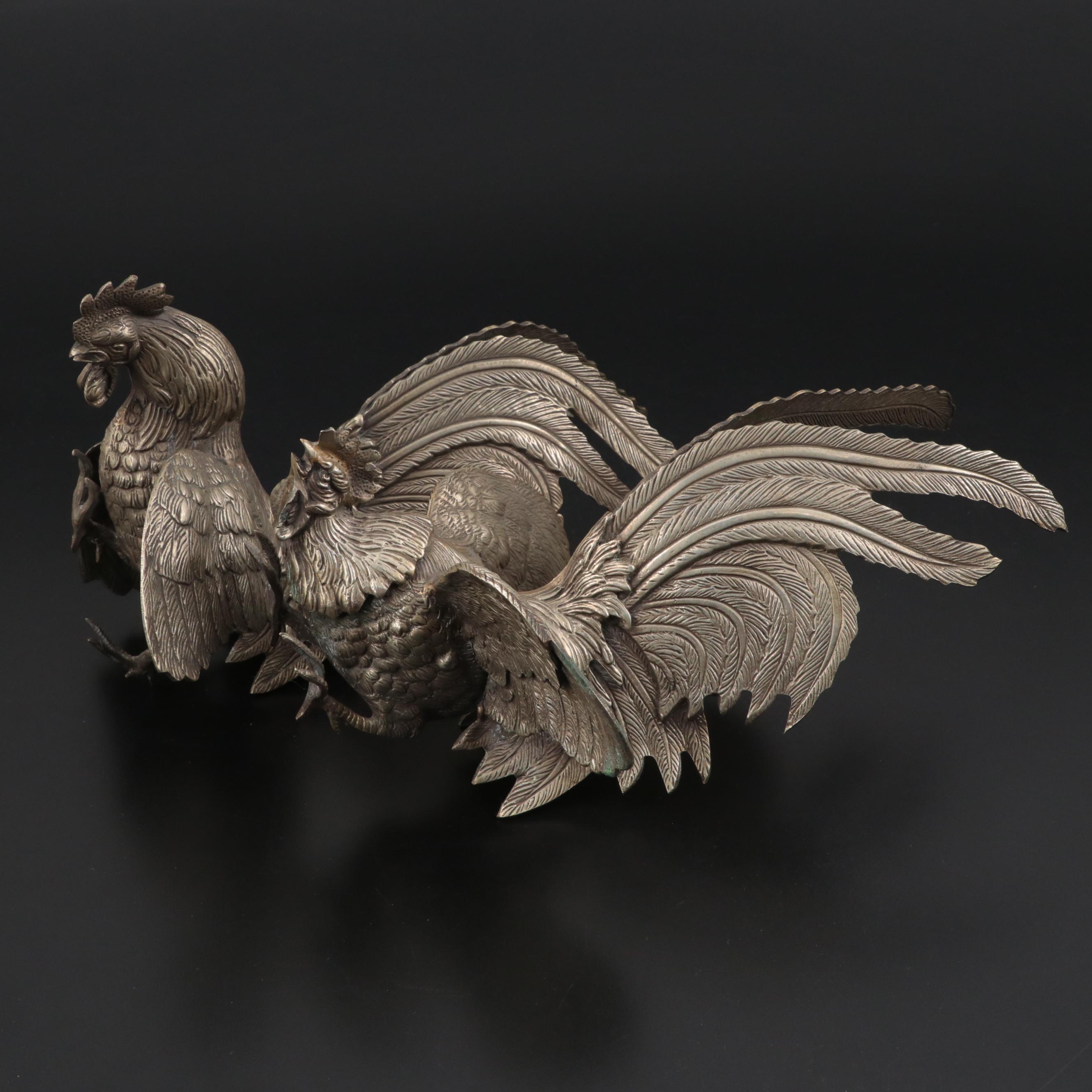 Victorian Style Metal Fighting Rooster Figurines, 20th Century