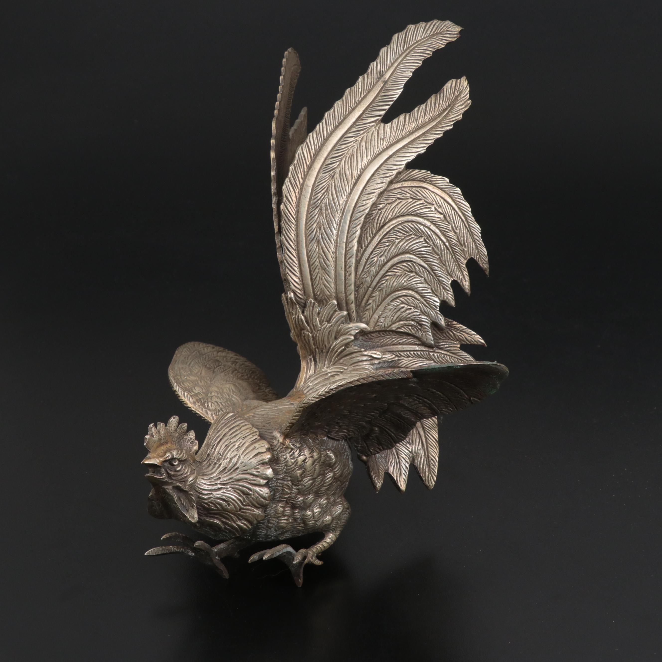 Victorian Style Metal Fighting Rooster Figurines, 20th Century