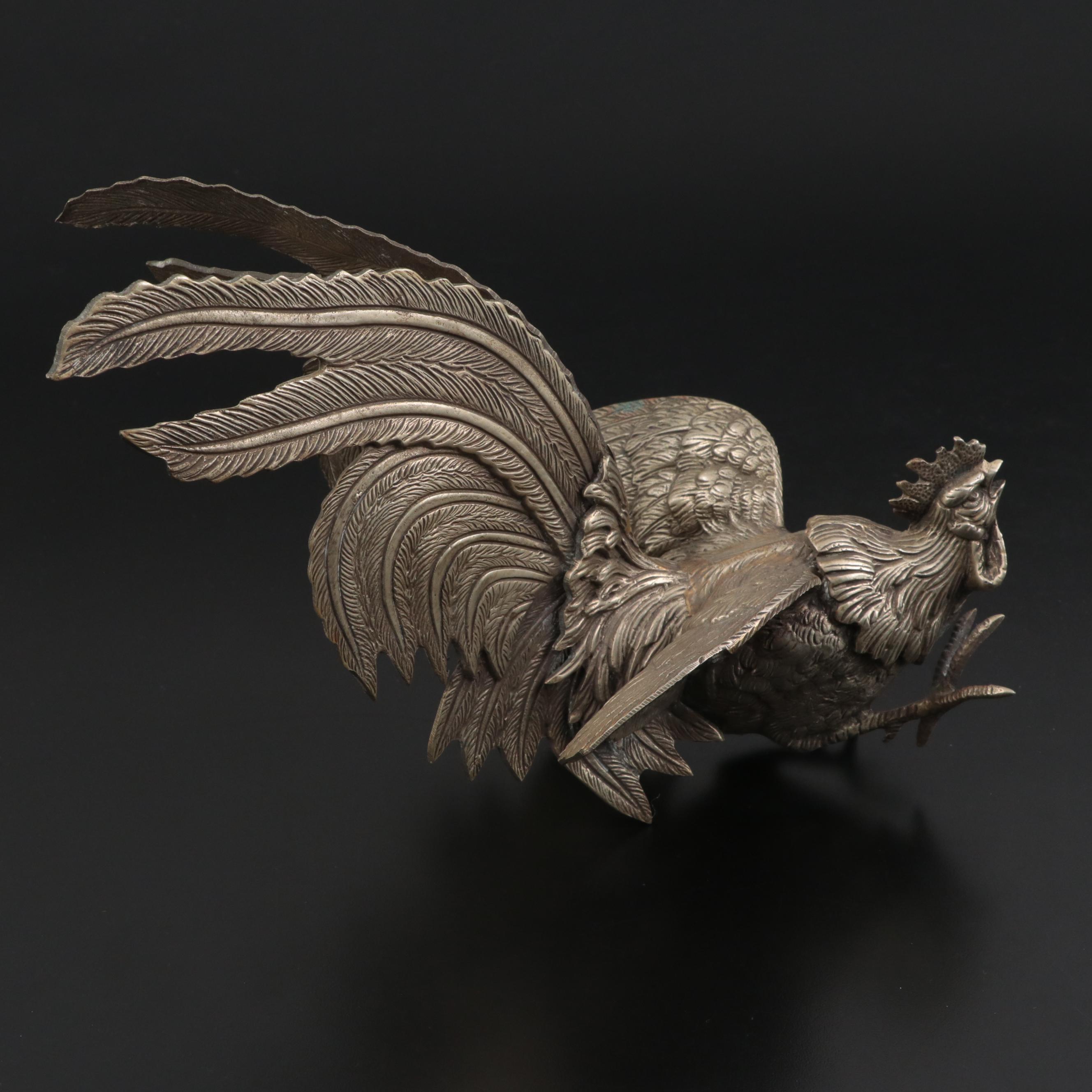 Victorian Style Metal Fighting Rooster Figurines, 20th Century
