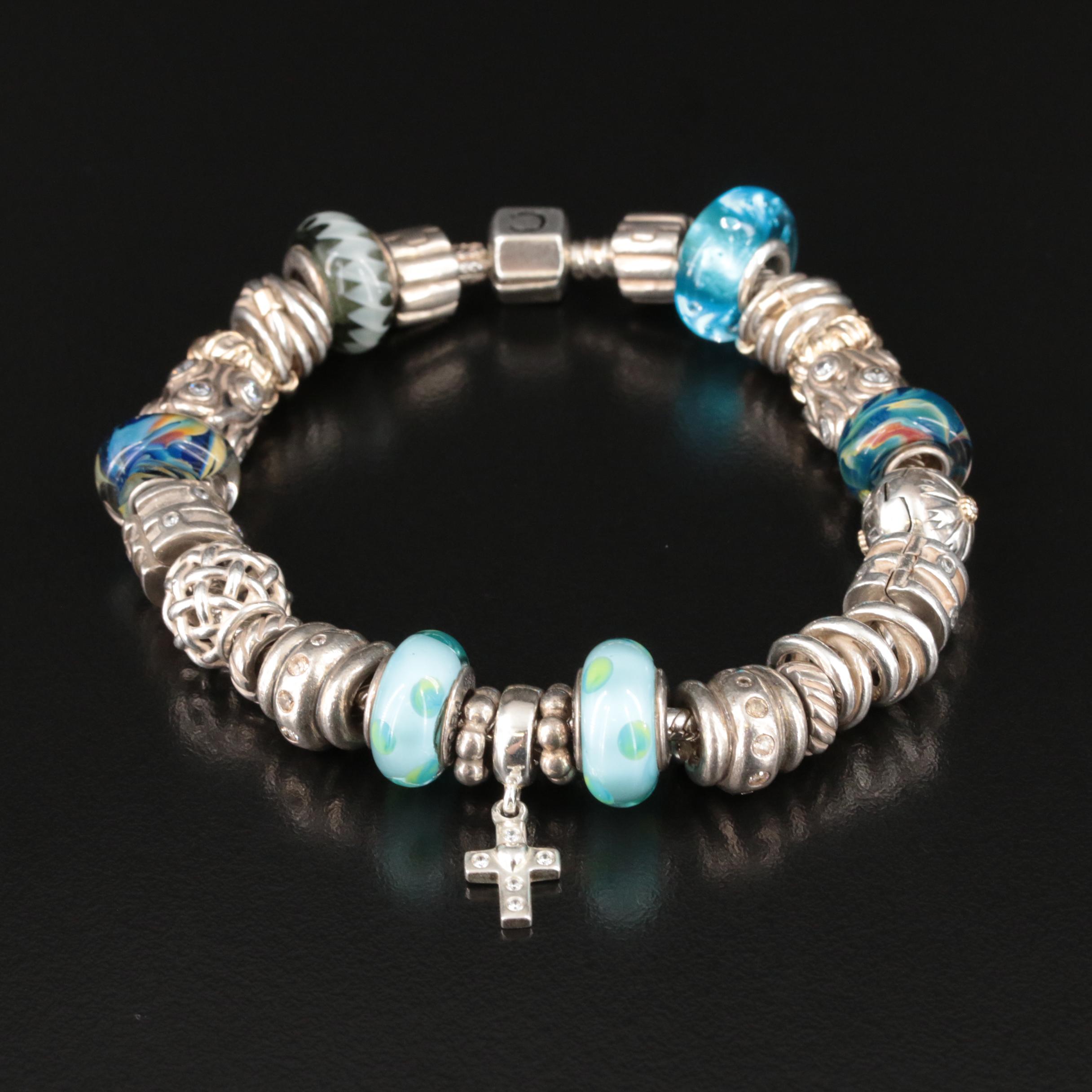 Chamilia Sterling Glass and Cubic Zirconia Bracelet Including Pandora Charms