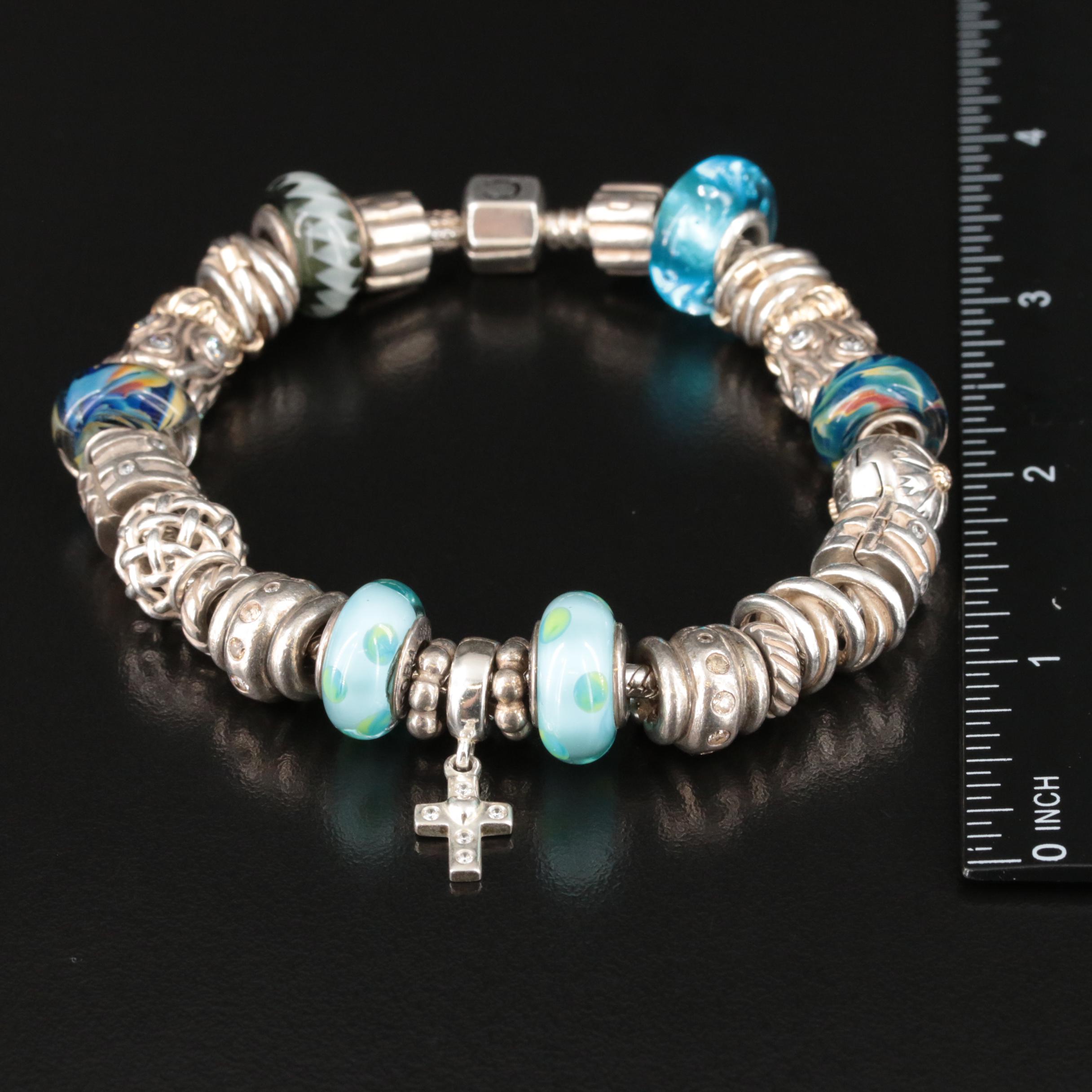 Chamilia Sterling Glass and Cubic Zirconia Bracelet Including Pandora Charms