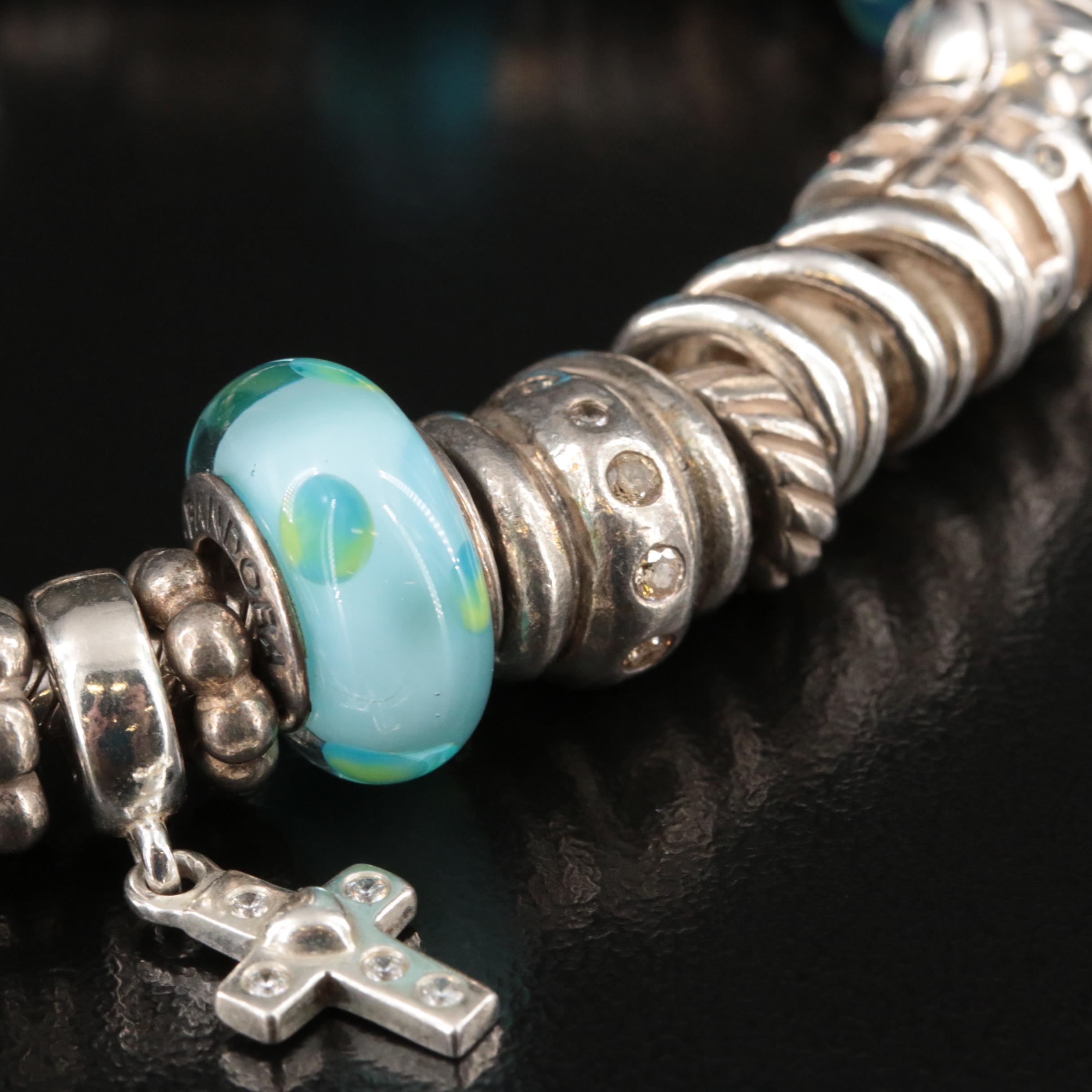 Chamilia Sterling Glass and Cubic Zirconia Bracelet Including Pandora Charms