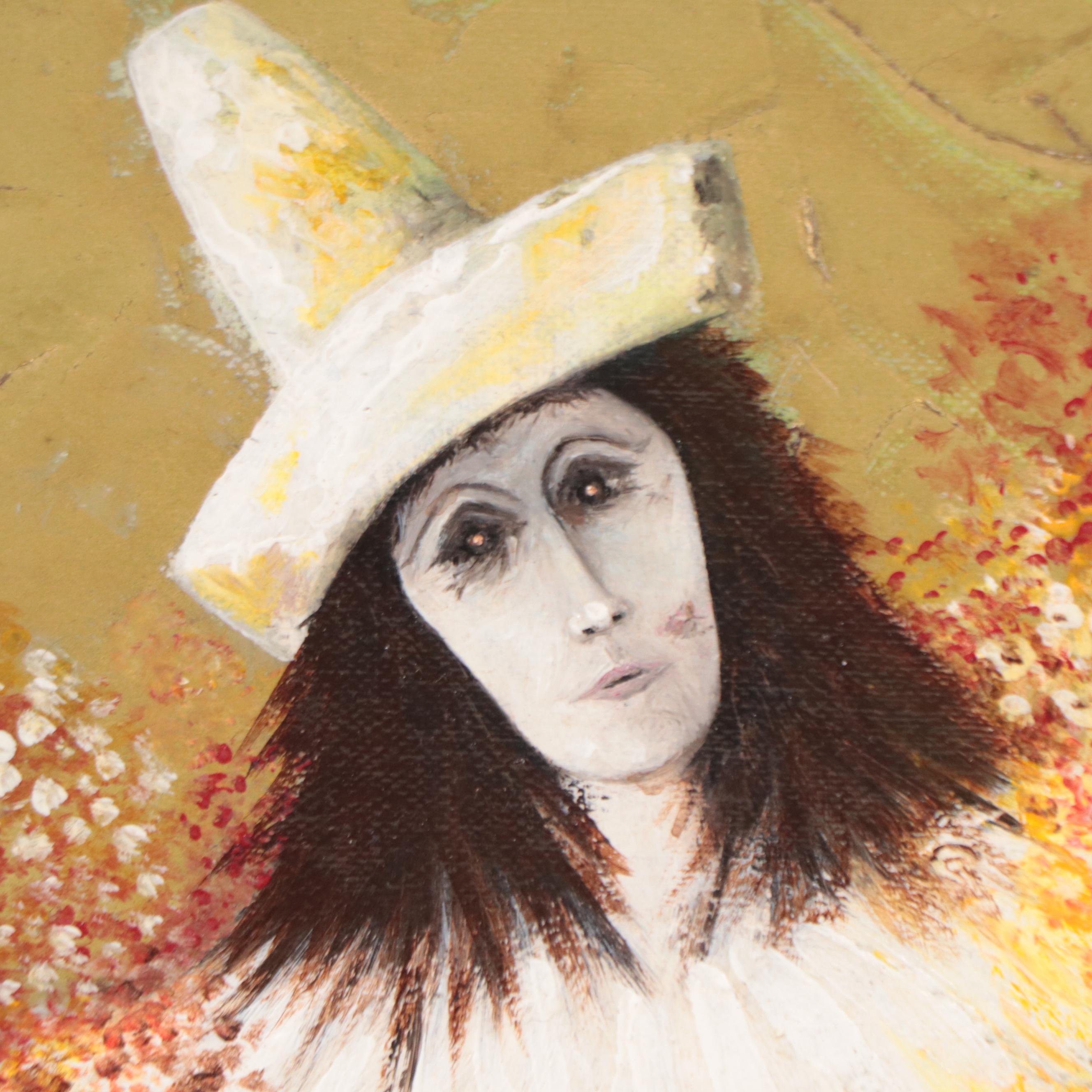 Oil Painting of Pierrot With Flowers, 1998