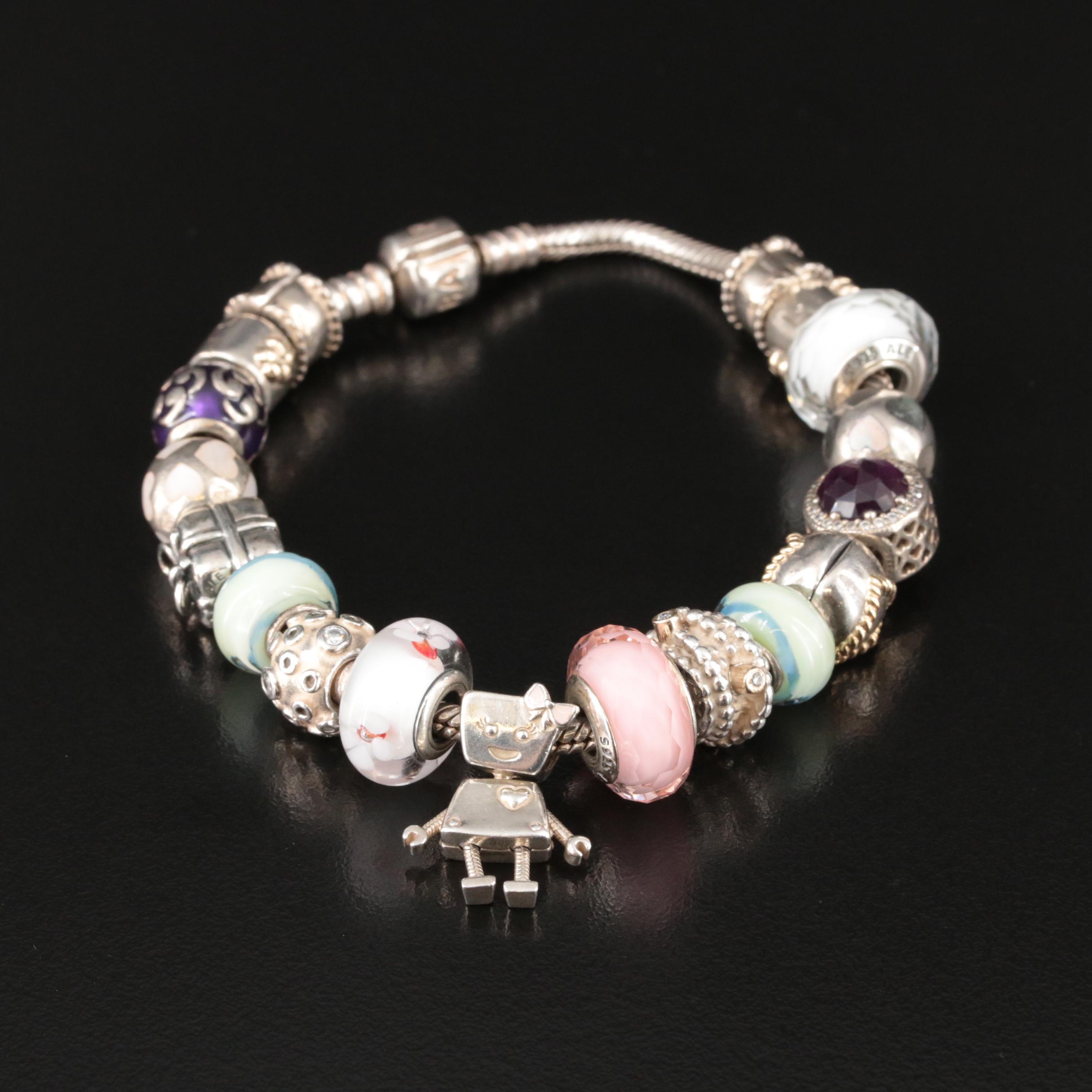 Pandora Sterling Charm Bracelet Including Glass and Cubic Zirconia
