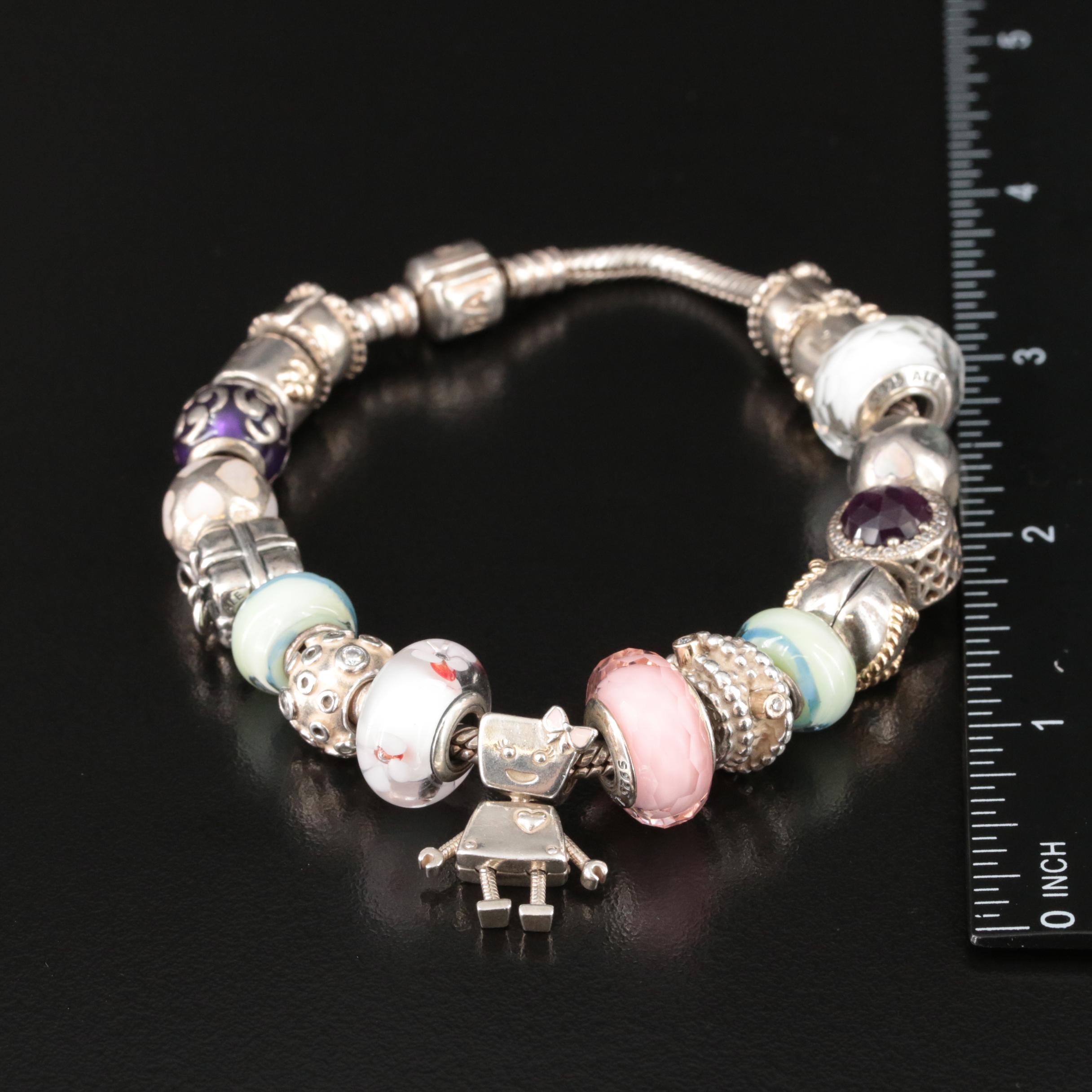 Pandora Sterling Charm Bracelet Including Glass and Cubic Zirconia