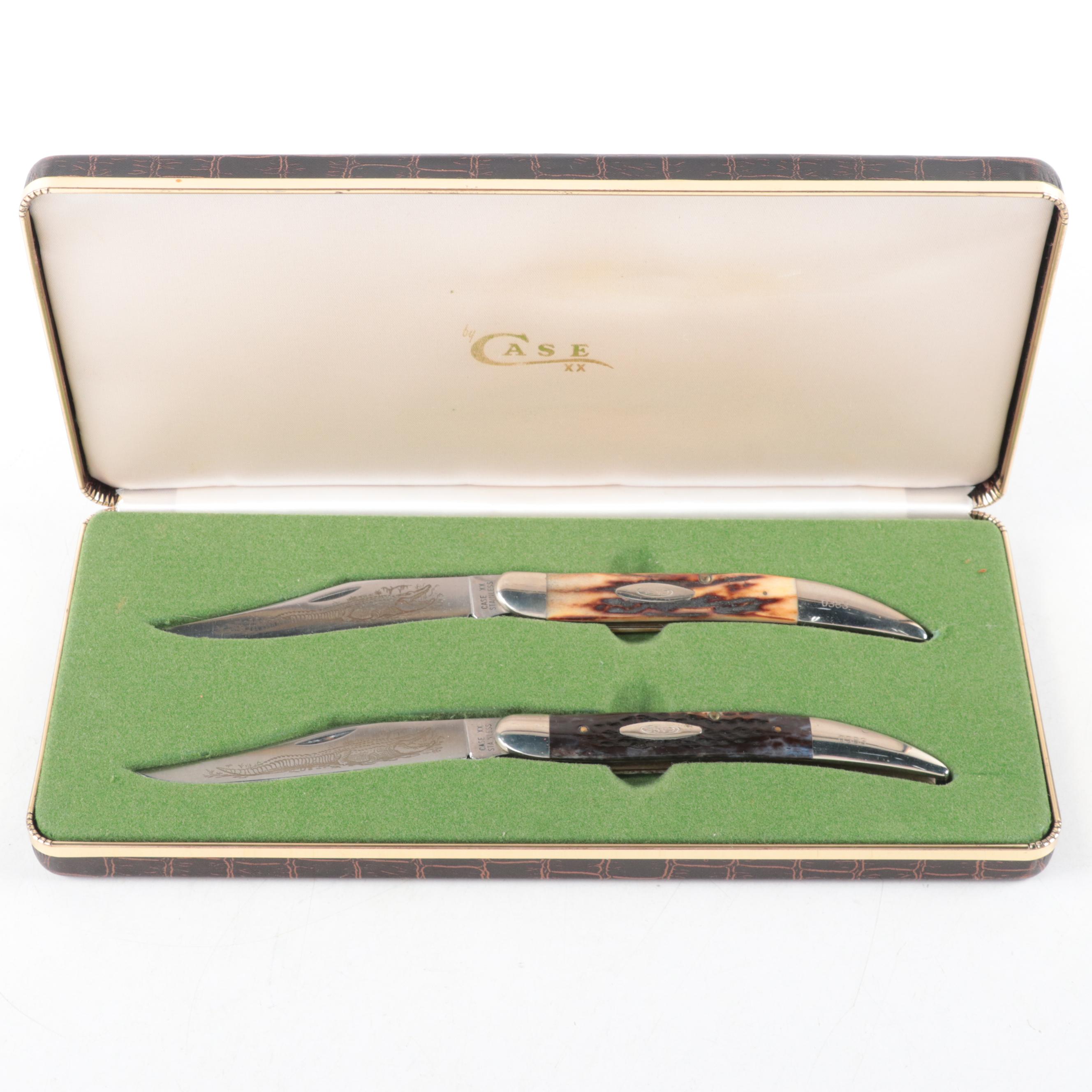 Case Antler and Bone Handled Stainless Steel Folding Knife Set, 1979