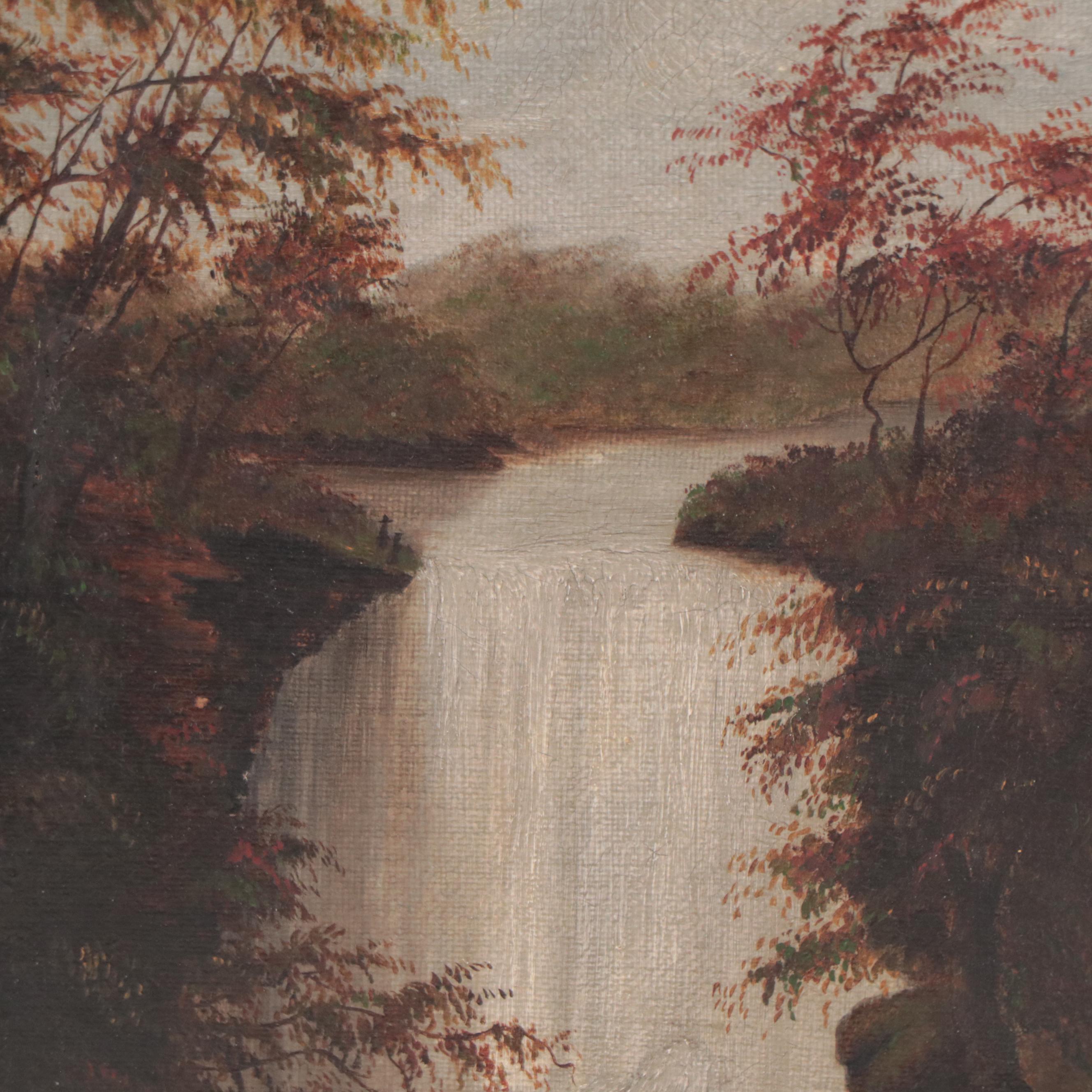 Waterfall Landscape Oil Painting, 19th Century