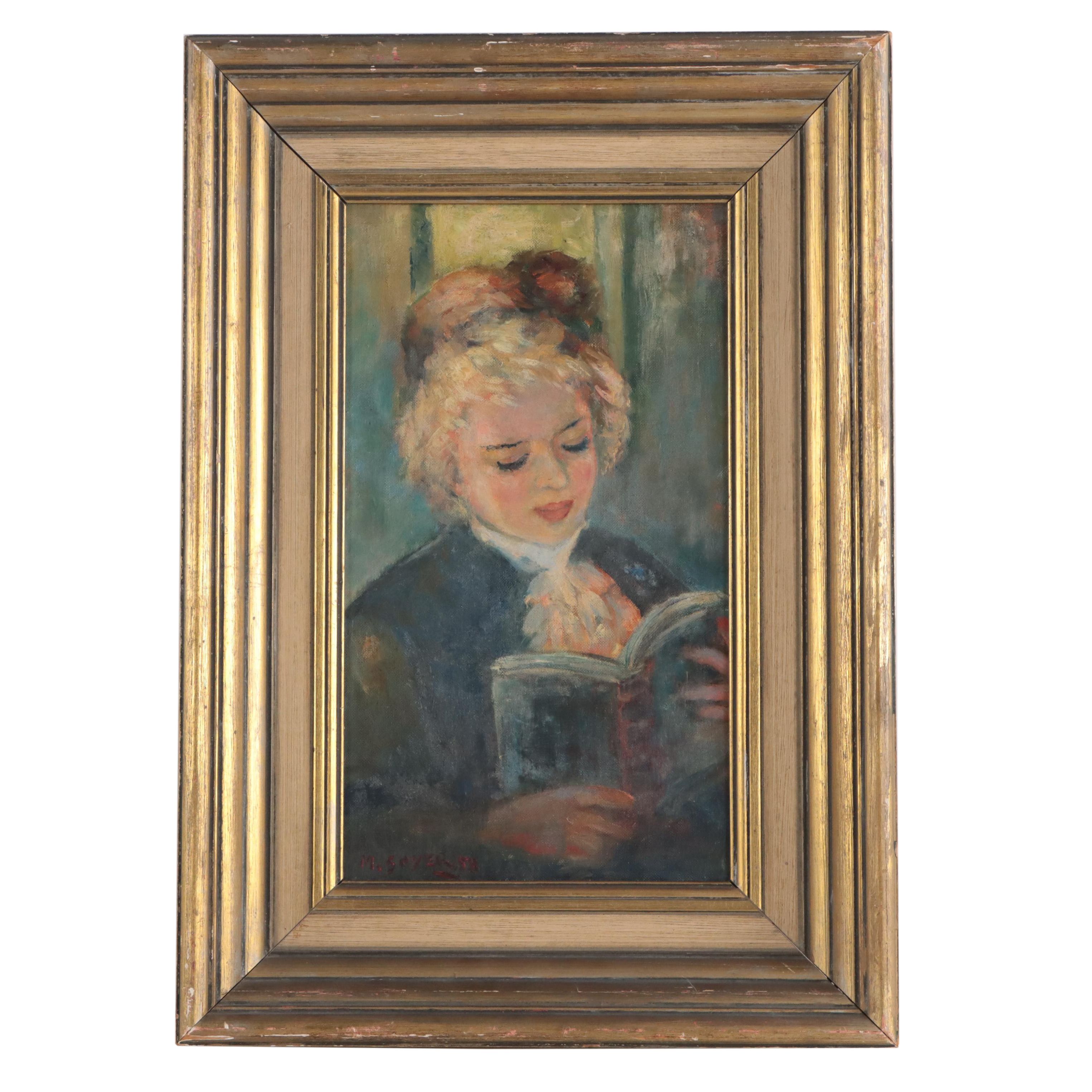 Moses Soyer Portrait Oil Painting of Young Girl Reading, 1958