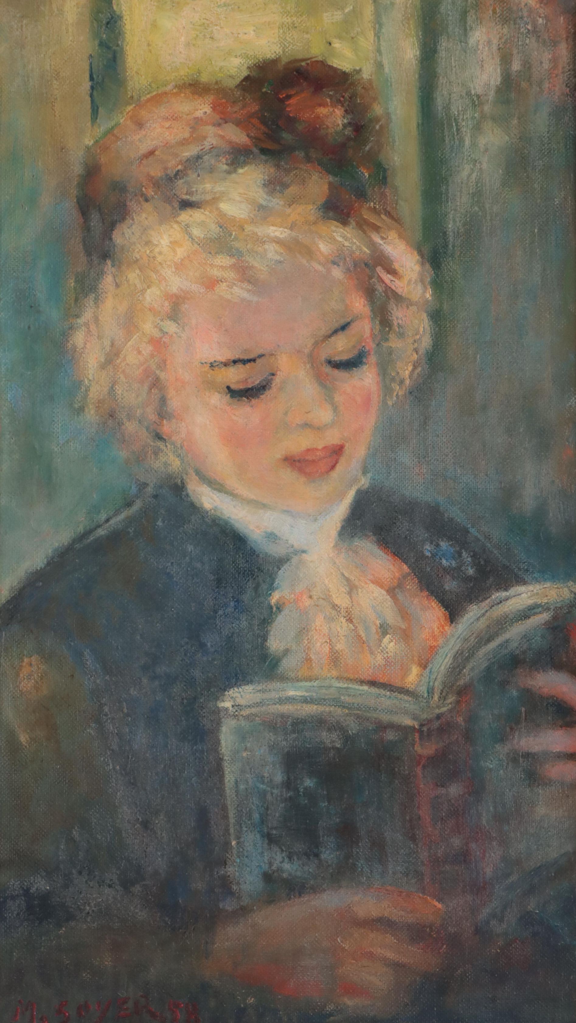 Moses Soyer Portrait Oil Painting of Young Girl Reading, 1958