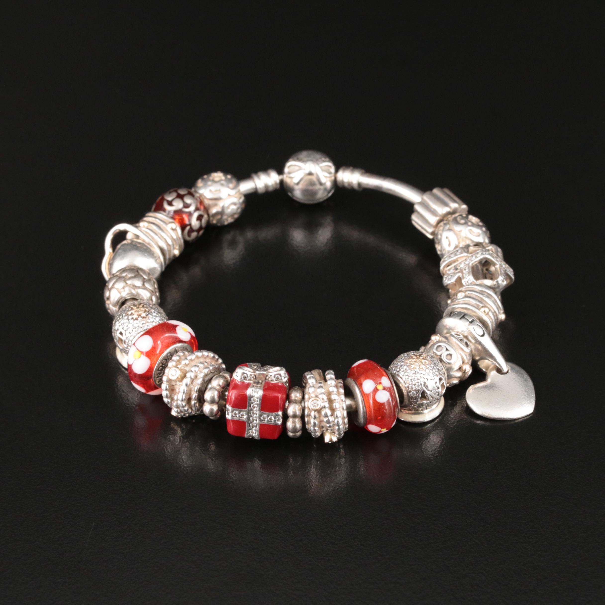 Pandora Sterling Charm Bracelet Including Chamilia Charms